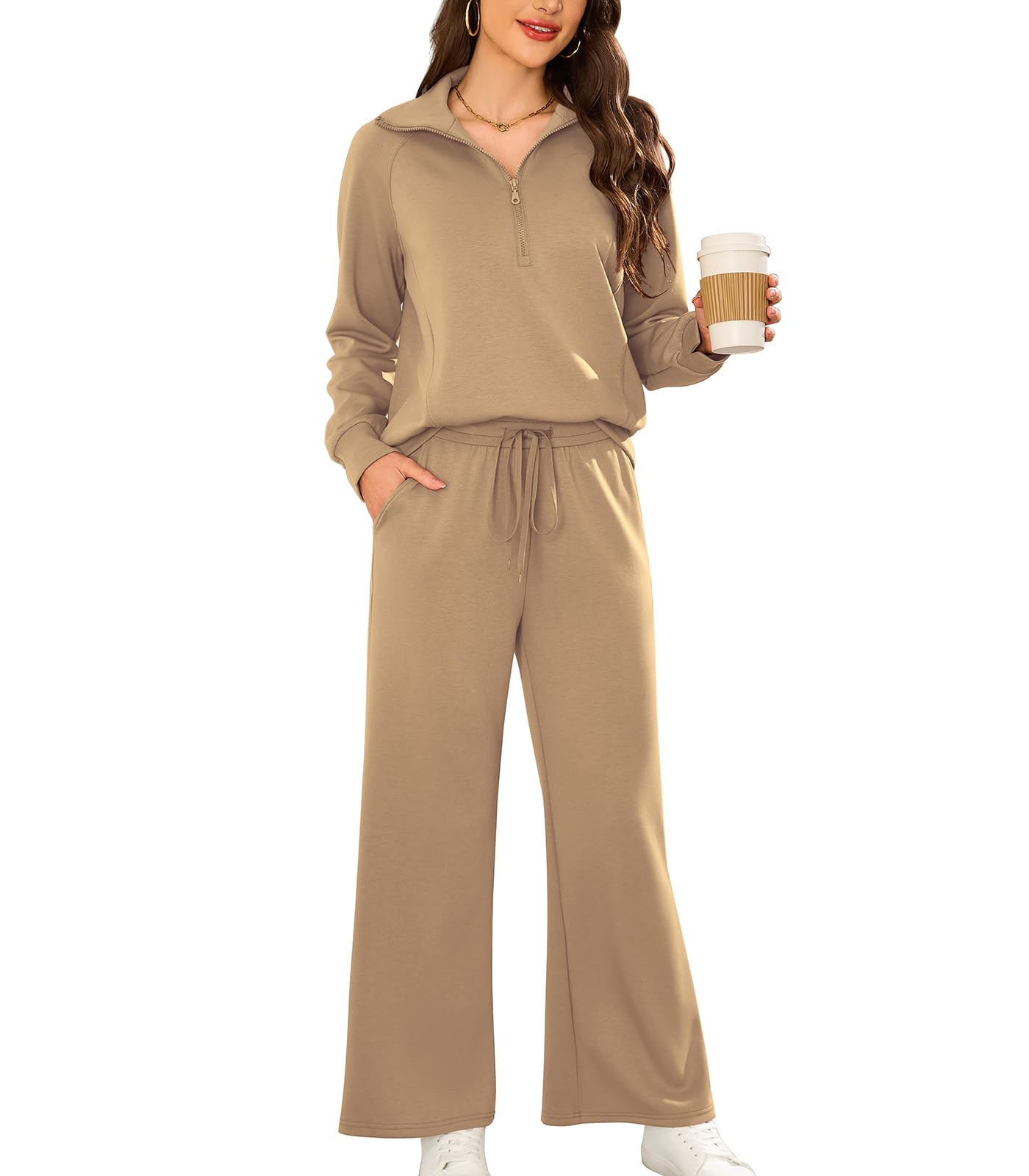 SHEKINI Dres treningowy, damski dres do joggingu, z długim rękawem, zestaw wypoczynkowy, strój sportowy 1/2, zamek błyskawiczny, bluza rekreacyjna, spodnie do biegania z szerokimi nogawkami