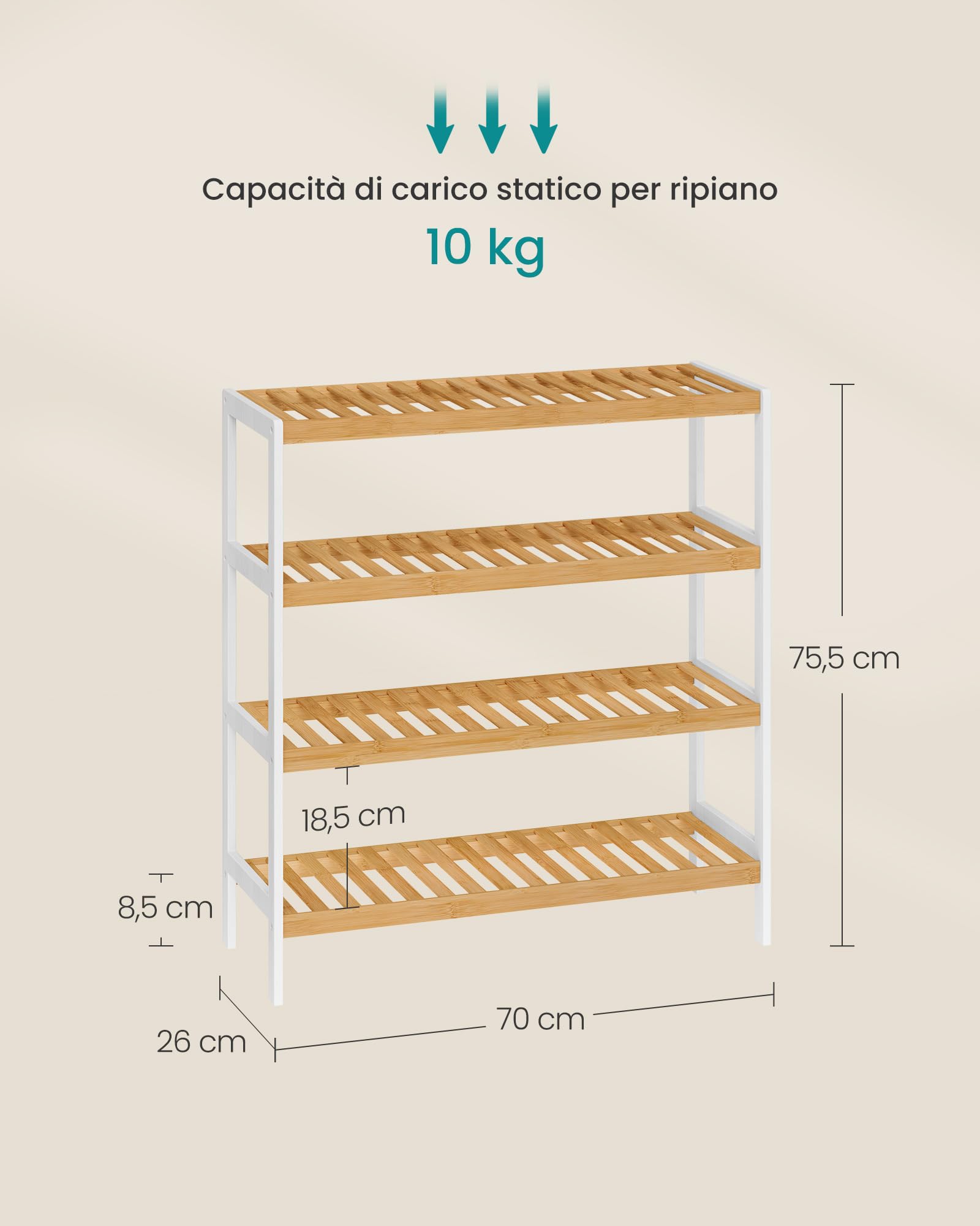SONGMICS Scarpiera in Bambù, Scaffale Portascarpe a 4 Ripiani, Organizer per Scarpe Piante Libri, Ingresso Soggiorno Camera da Letto, 26 x 70 x 75,5 cm, Bianco e Naturale LBS007KZ01
