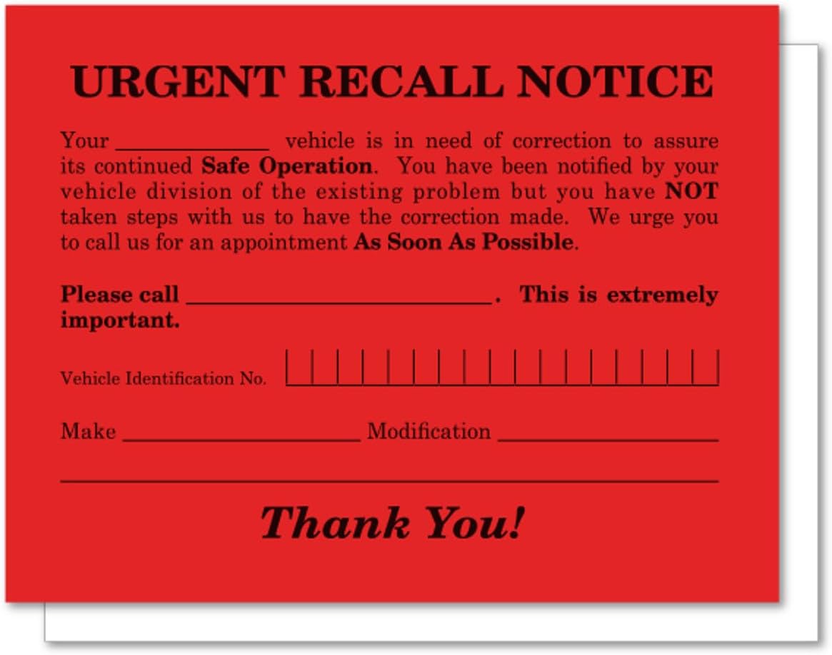 Urgent Recall Notice Cards 5.5 x 4.25 Inch Fluorescent Red Postcards - Automotive Safety Recall Notification Mailer - 1 Part Card Stock with Black Print, Bulk Customer Notice Cards