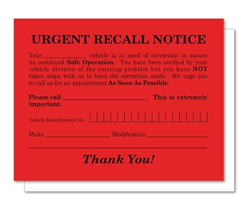 Urgent Recall Notice Cards - Fluorescent Red 5.5 x 4.25