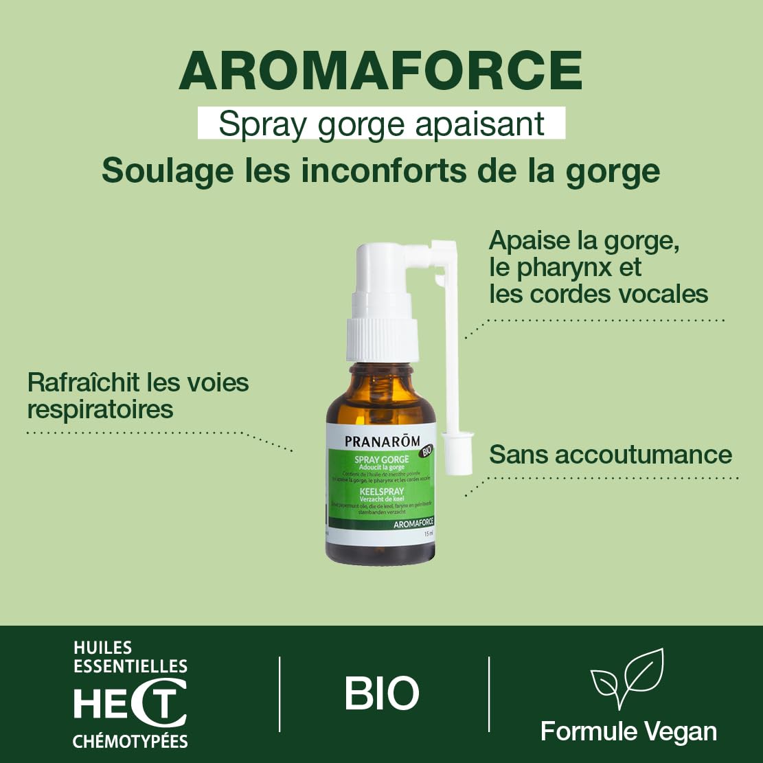 PRANARÔM - Aromaforce - Spray Gorge Action 3 in 1 - con oli essenziali - menta piperita - aiuto al sollievo della gola - vegano - 15 ml