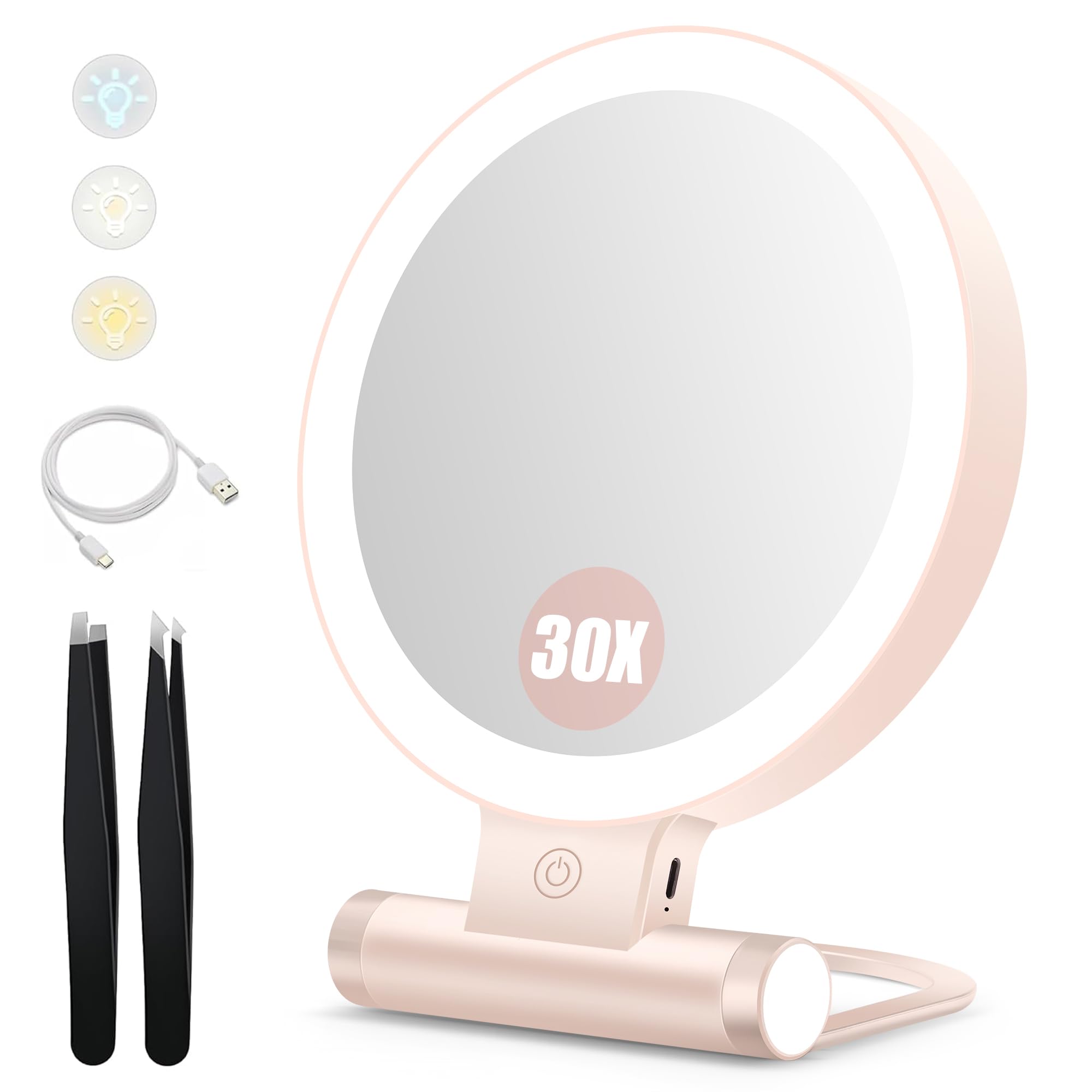 B Beauty Planet Espejo de Aumento con luz,30X/1X Espejo de Maquillaje de sobremesa portátil Iluminado de Doble Cara(Rosa-30x Espejo de Tocador Iluminado)