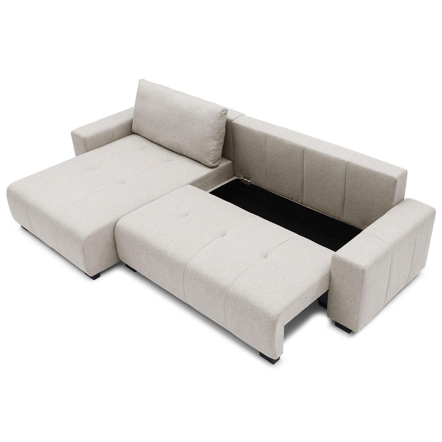 Menzzo Canapé d’Angle Convertible Malone en Tissu Beige – 5 Places – Angle réversible avec Coffre de Rangement – Grand canapé Design Moderne et Confortable