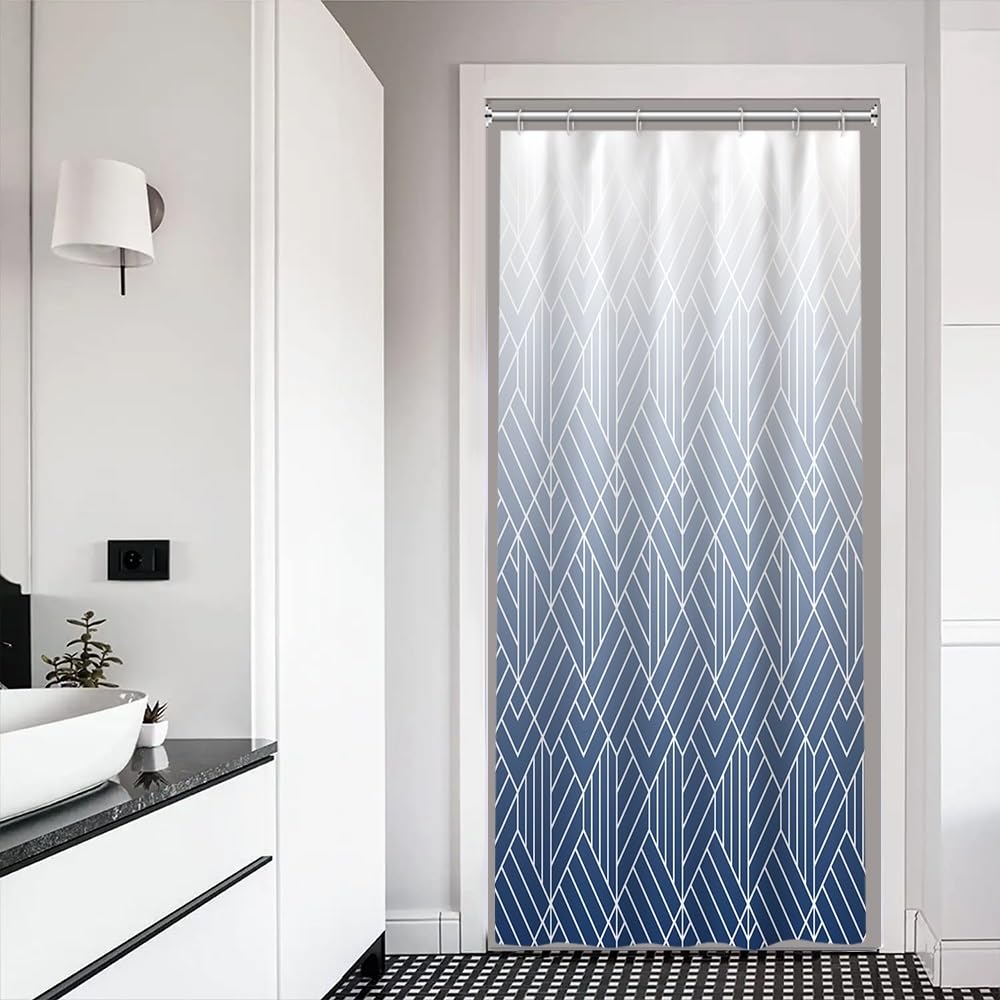 Xiaoterna 90x180cm Modern Abstract Stripes Shower Curtain White Blue Gradient Lines Waterproof Polyester Bathroom Curtain Geometry Aesthetics Washable Mildew Resistant Bathroom Decorative Fabric