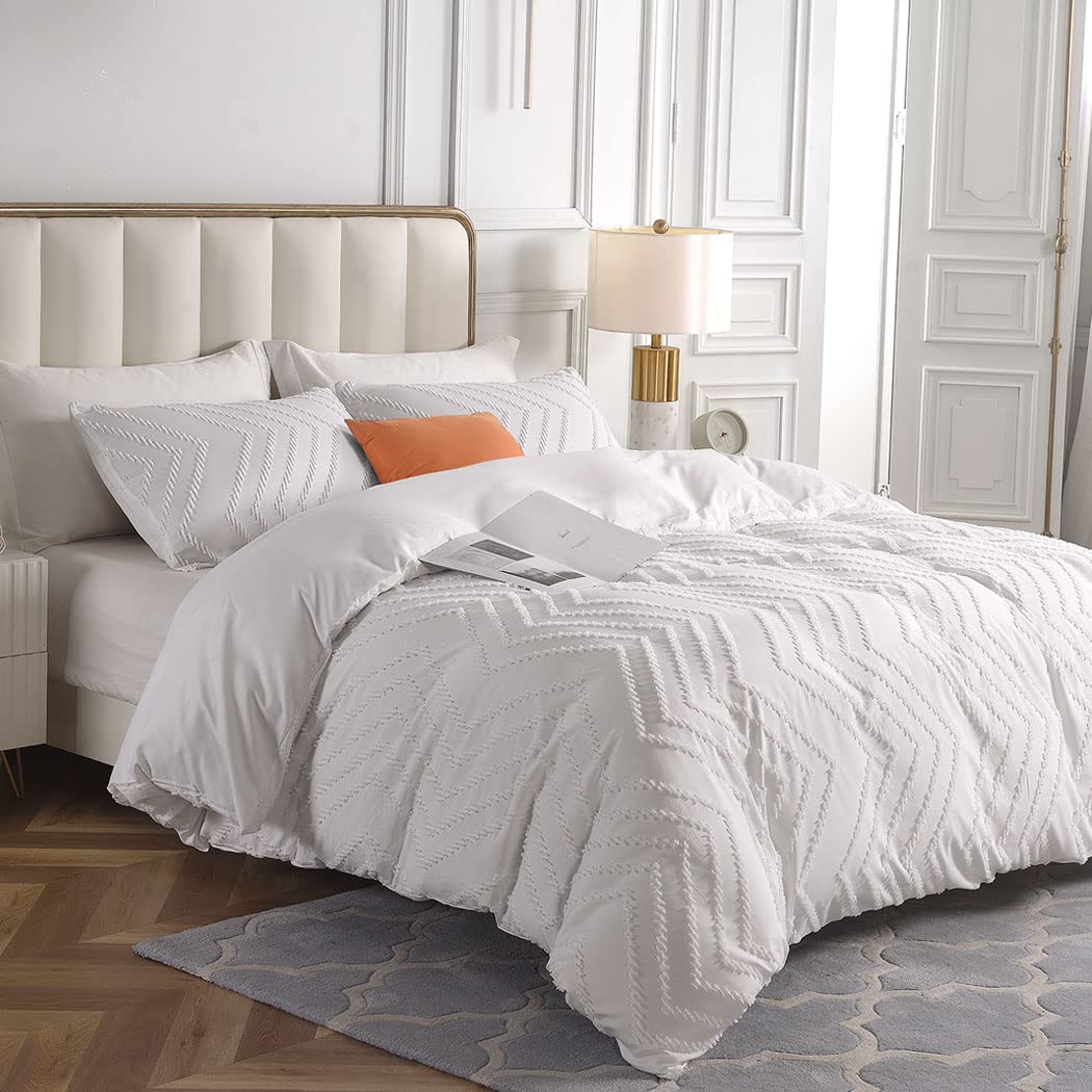 Lekesky White Duvet Cover Queen Size, 3pc White Wave Tufted Bedding Comforter Cover Queen Ultra Soft Microfiber Breathable Shabby Chic Bedding Sets with Zipper Ties (No Comforter)