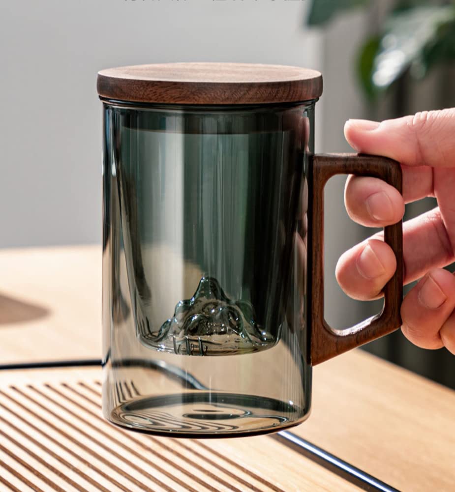 ELABORATE CHOICE Japanese Mug Teacup with Infuser and Wooden Handle,Filtered Tea Separation Cup, Infusion Mugs with Inner Filter for Home and Office A02