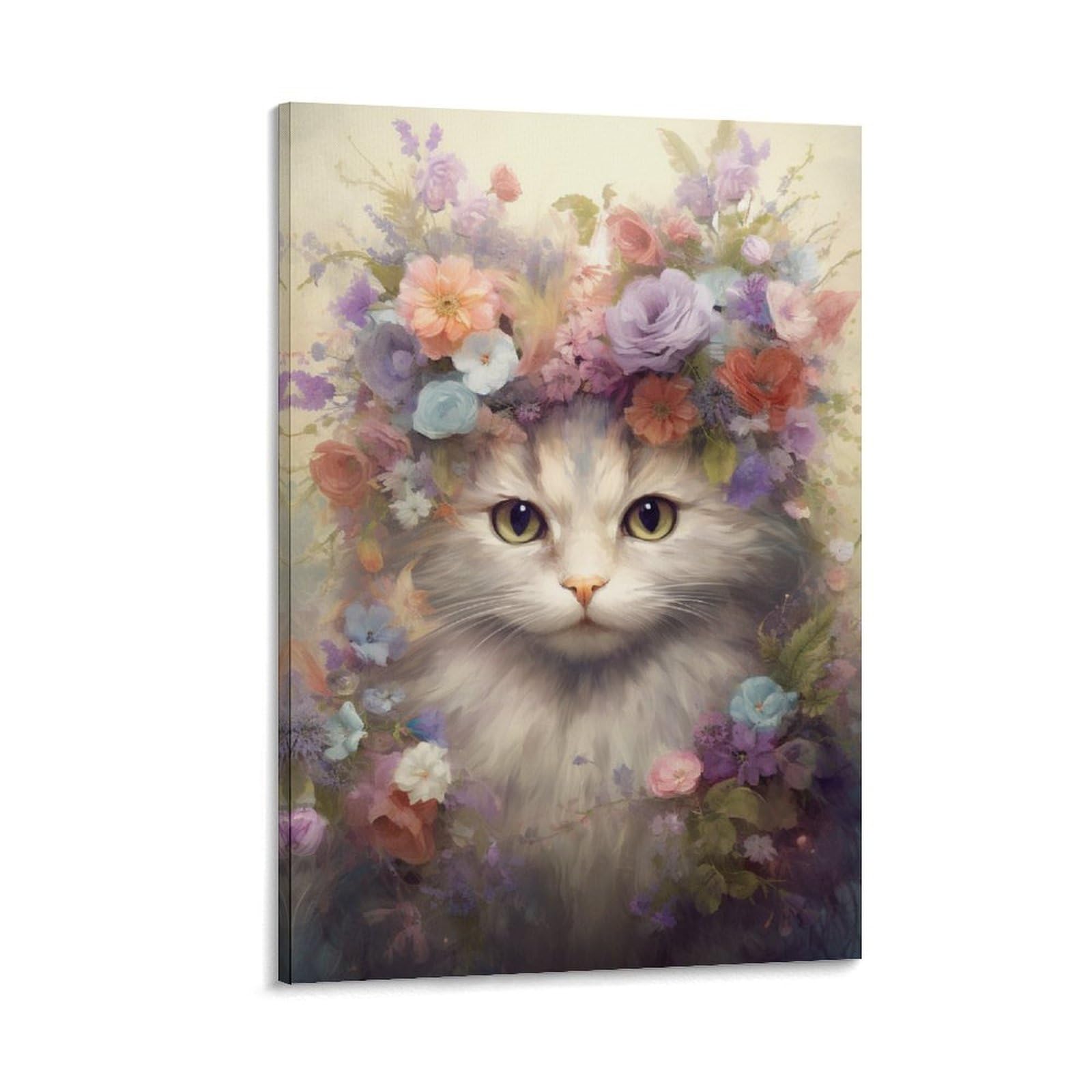 FOCCAR Rustic Floral Cat Wall Art Prints Flower Crown Farmhouse French Pictures on Canvas Poster Wall Decor for Bedroom Home Decorations