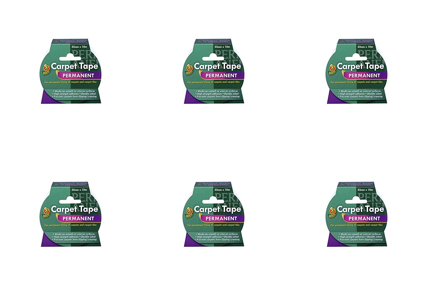 Duck Nastro biadesivo per moquette, fissaggio con un forte adesivo, 50 mm x 10 m, confezione da 6