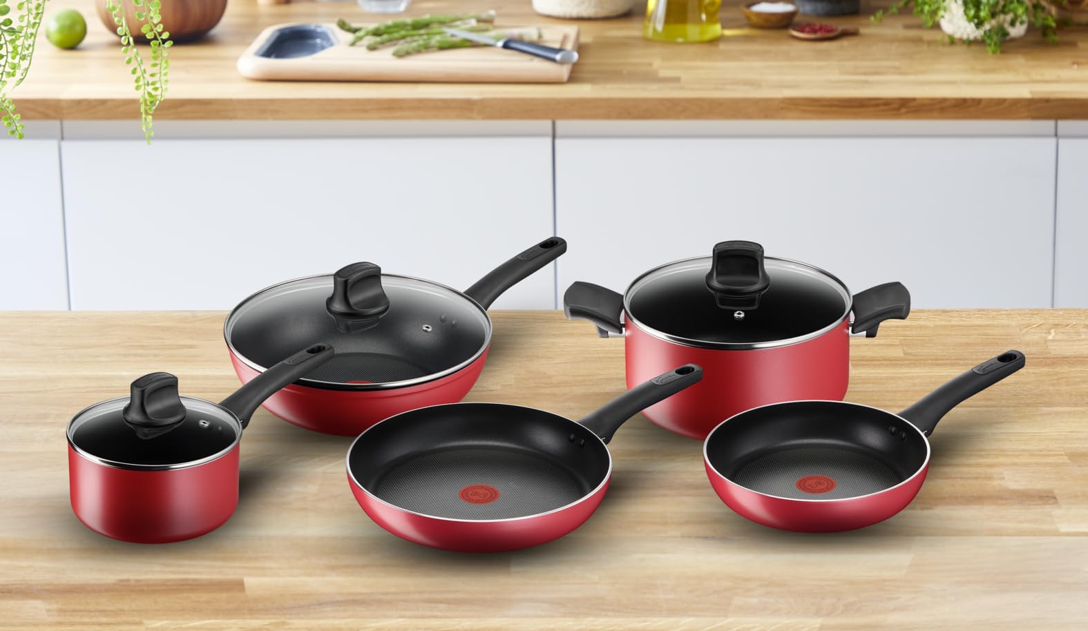 Lagostina Cucina Mediterranea Set di Padelle Antiaderenti in Alluminio,8 Pezzi, Batteria Pentole Induzione, Gas e Forno, Indicatore Cottura Thermo-Signal, Manici Ergonomici in Bakelite