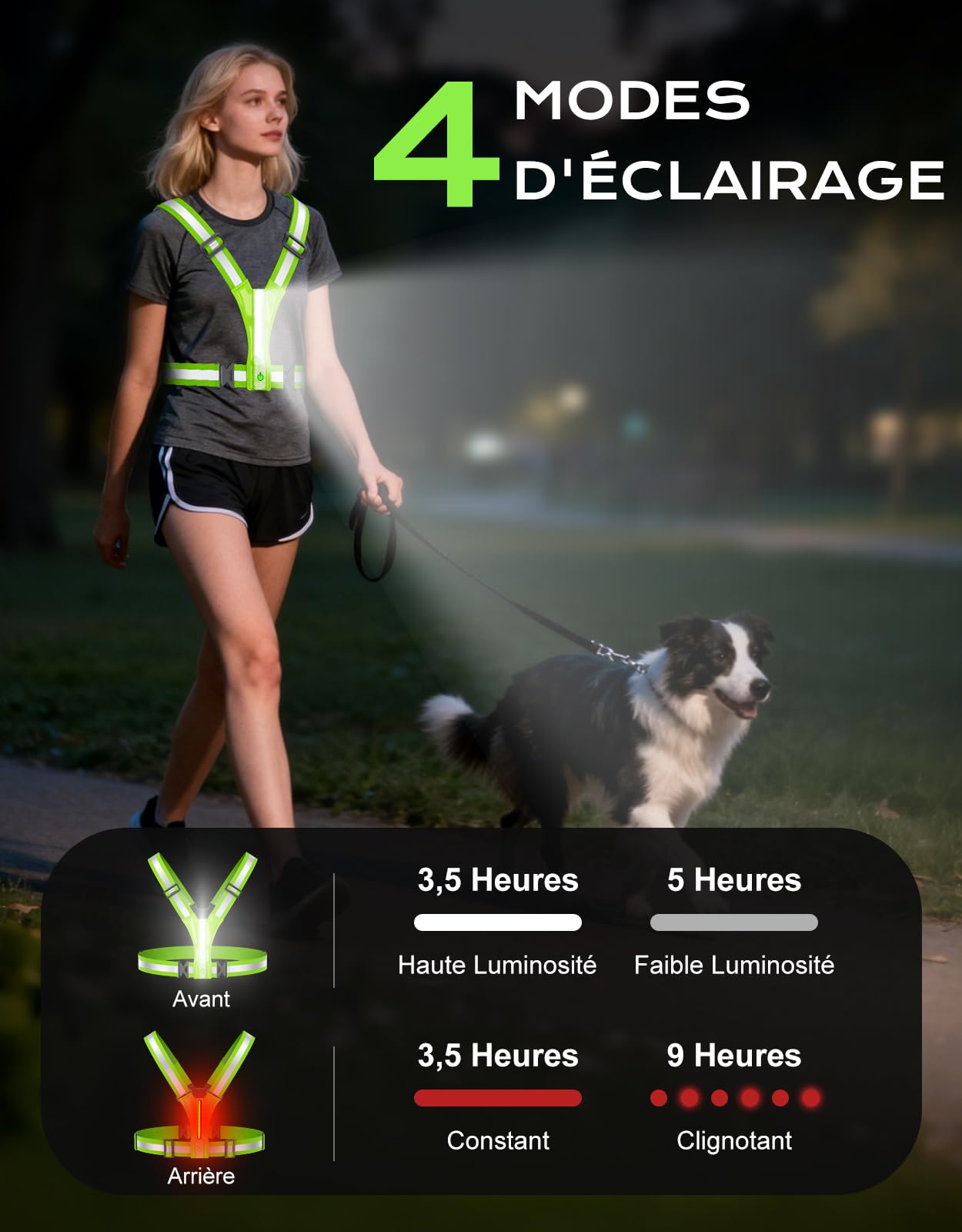 Glangeh Gilet Reflechissant Running Super Lumineux, Lampe Running Pectorale 360°Visible, Alternative au Lampe Frontale, Ajustable Gilet de Sécurité pour Adulte, Course/Cyclisme/Jogging Nocturne