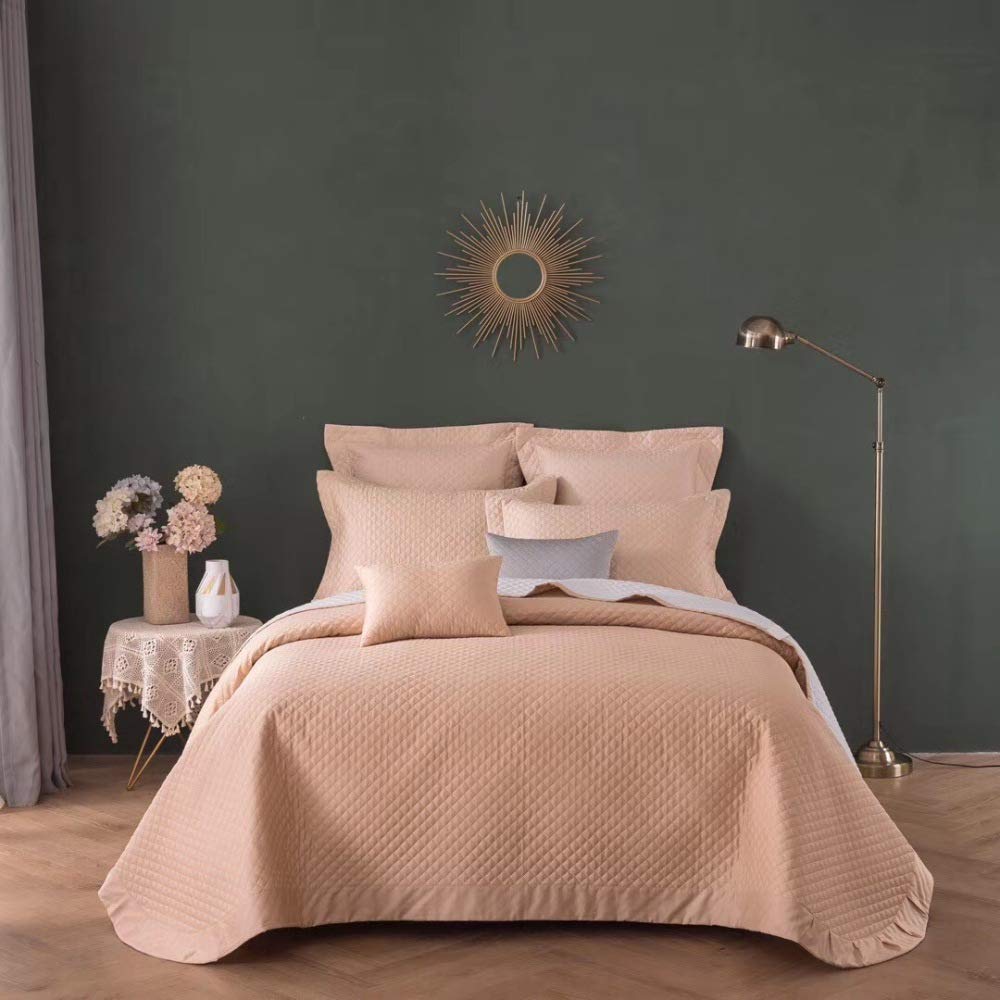 Couvre-lit King Size de luxe bleu en coton matelassé avec ses 2 taies d'oreiller