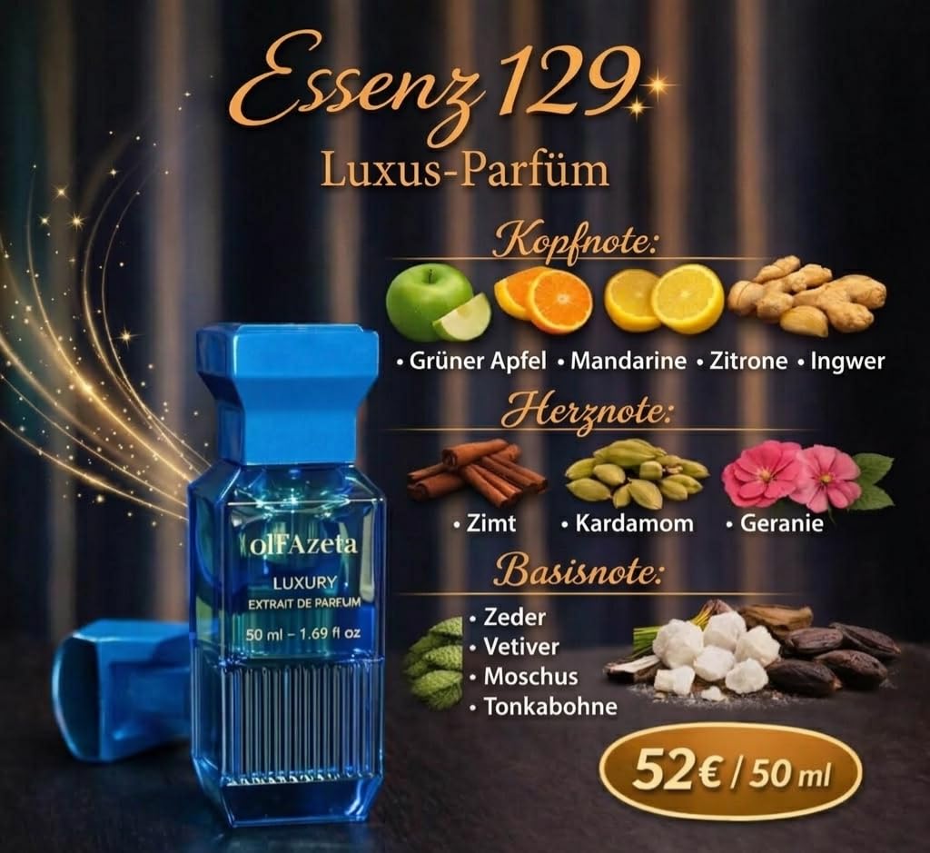 Chogan Olfazeta Nr. 129 Luxury Extrait de Parfum – Unisex für Damen & Herren – 50 ml – Langanhaltender Luxusduft mit weißem Jasmin, Iris & warmer Vanille – Intensiv & Edel