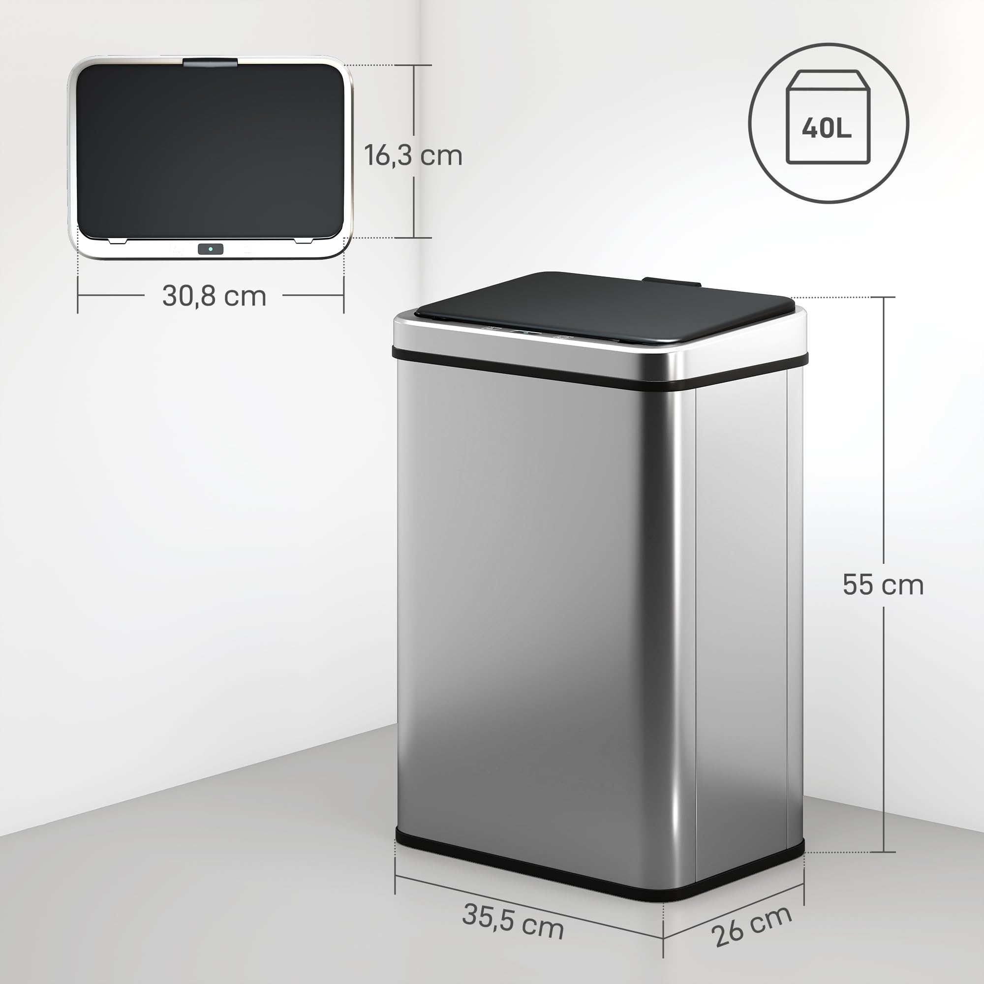 HOMCOM Sensor Mülleimer 40L Edelstahl Automatischer Mülleimer Silber | Soft-Close-Deckel, Bewegungssensor, Fingerabdrucksicherer Abfalleimer, Müllbehälter, für Büro Schlafzimmer Küchen