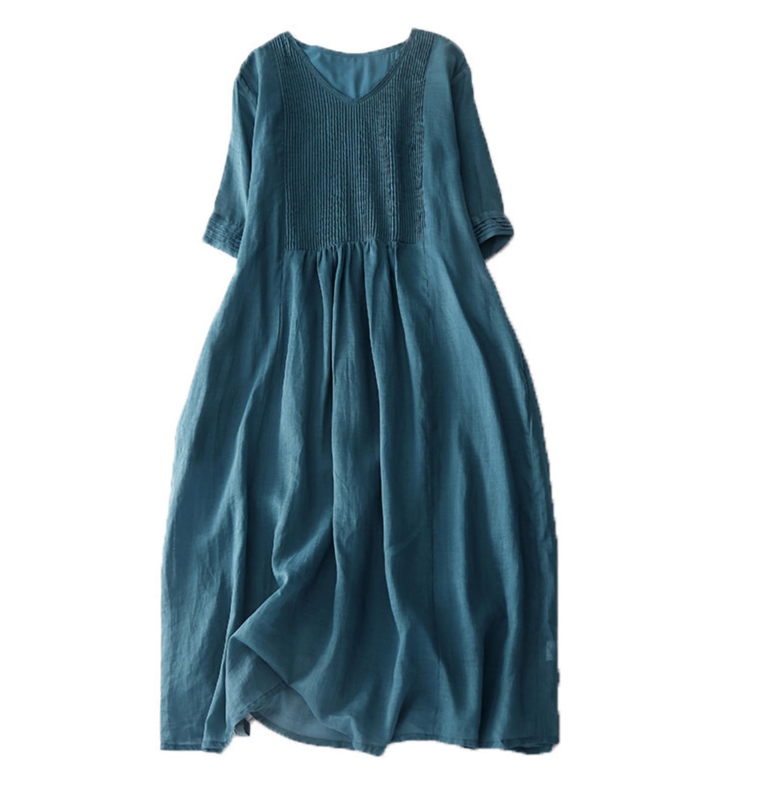 Vestido Midi Mujer Verano Manga Corta Cuello En v Casual Elegante Suelto Vestido Plisado Largo con Bolsillos