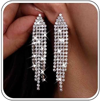 Wedding Rhinestone Earrings Gold Crystal Chain Sparkling Long Dangle Drop Tassel CZ Jewellery for Women and Girls