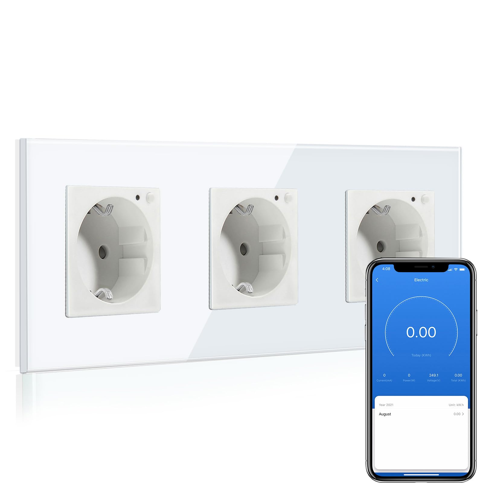 BSEED BSEED Enchufe Triple de Pared WiFi con monitor de consumo de energía,Schuko Enchufe inteligente Compatible con Alexa y Google Home,Control de APP y Función de Temporizador,16A Blanco