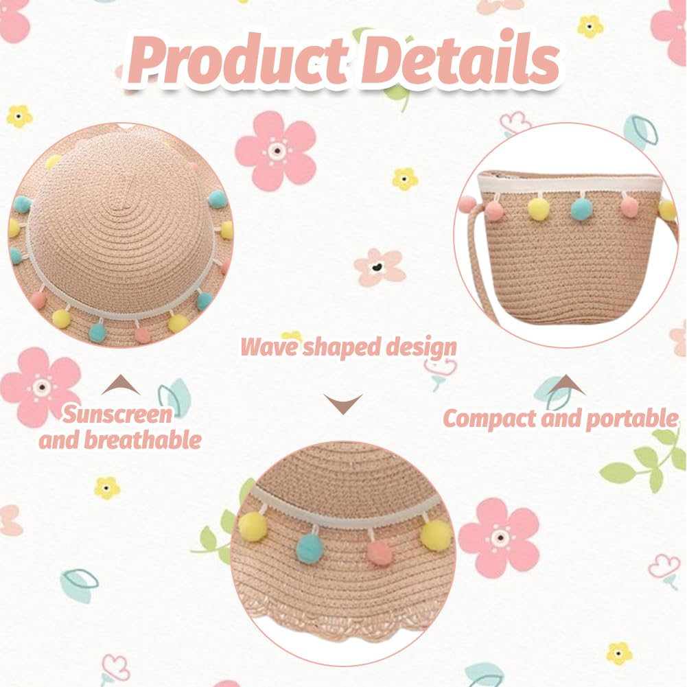 Cappello da Spiaggia Estivo e Mini di Borse Set,Cappello da Sole per Bambina,Cappello da Sole per Esterni per Ragazze per I Bambini Turismo Vacanze Spiaggia attività All'Aperto(Rosa)