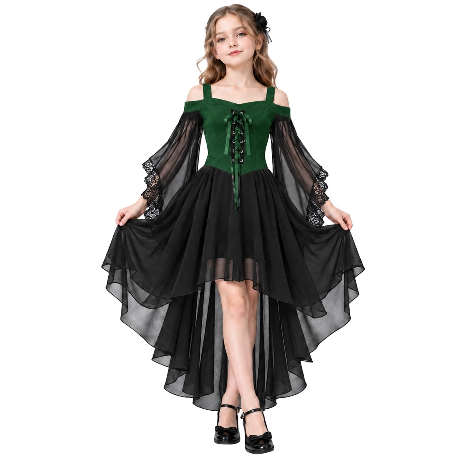 Girls Halloween Costume Flared Sleeve Medieval Costume Girls Gothic Retro Victorian Fancy Dress Renaissance Lace Up Gothic Clothes Pleated Witch Costume Vintage Dance Party