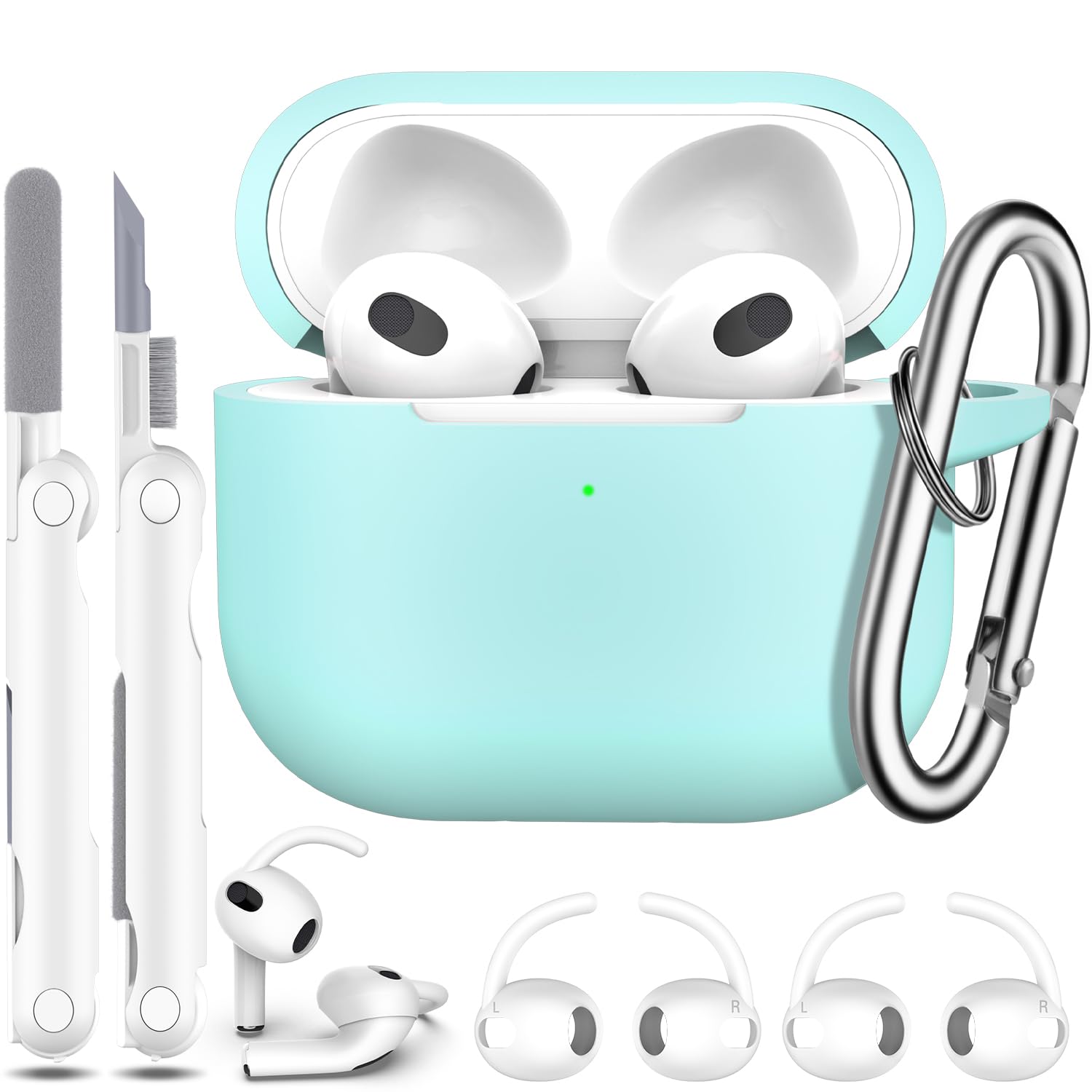 R-fun Case Cover for Airpod 3rd Generation with Cleaner Kit and Earbuds Hook Cover (2Pairs),Soft Silicone Protective Case for Airpod 3 2021- Glow Blue