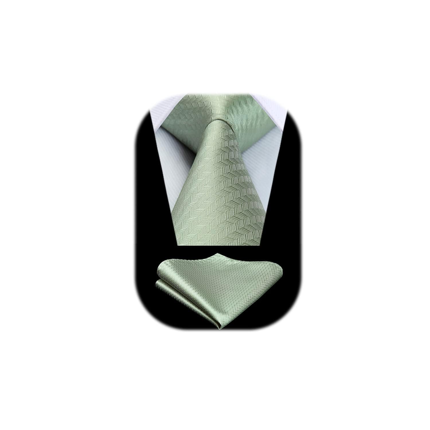 HISDERN Solid Herringbone Tie Handkerchief Woven Classic Chevron Men's Necktie & Pocket Square Set Sage