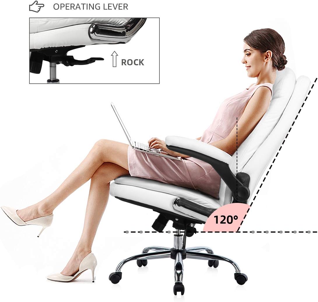 YAMASORO Ergonomic Executive Office Chair White High Back Leather Computer Chair Office Desk Chair with Flip-Up Arms and Comfy Headrest