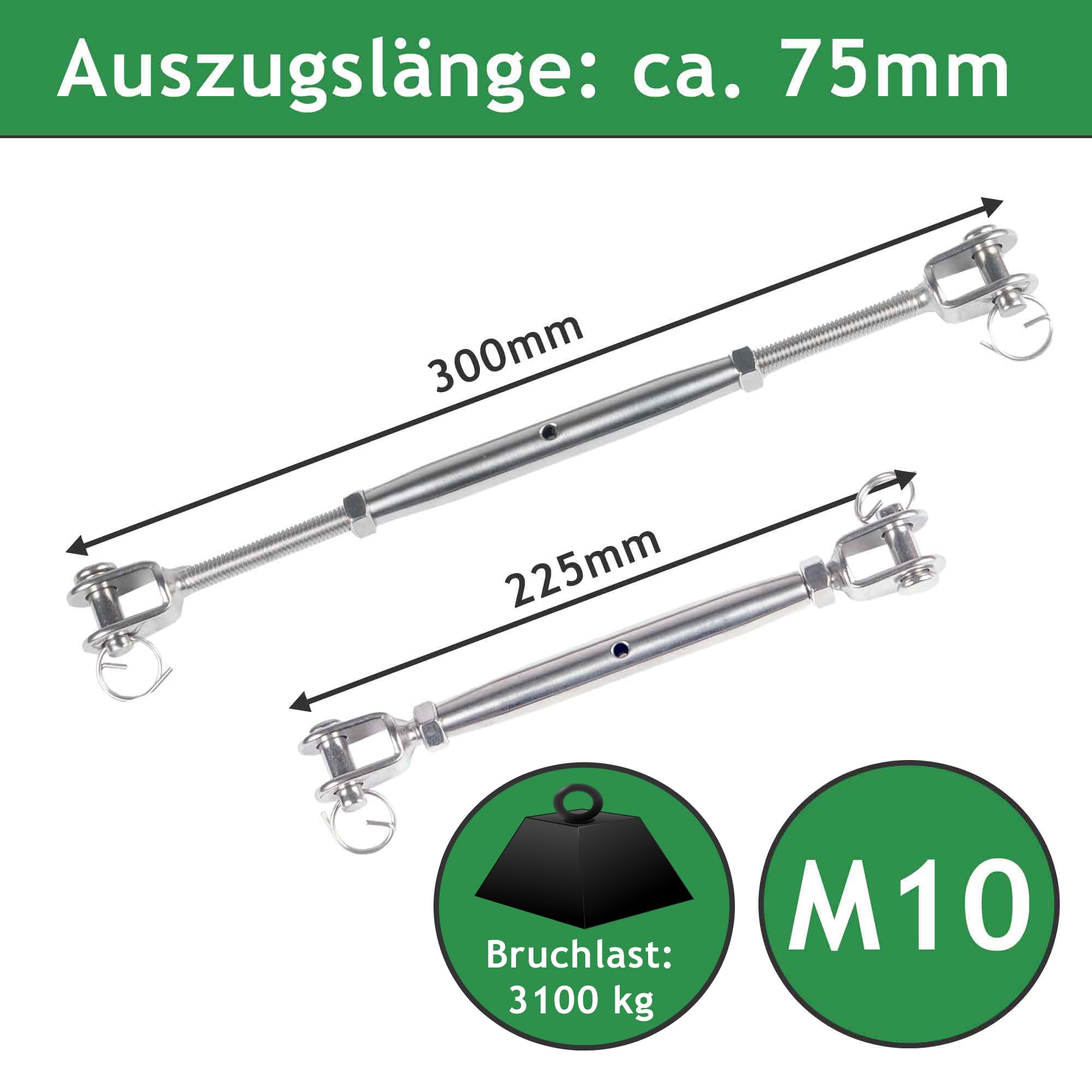 Sonnensegel Befestigungset aus V4A Edelstahl | Set aus M10 Wantenspanner & 80mm Karabiner | Robuste Befestigung für Sonnensegel, Abdeckplane, Drahtseil oder Tarp (4 Paar)