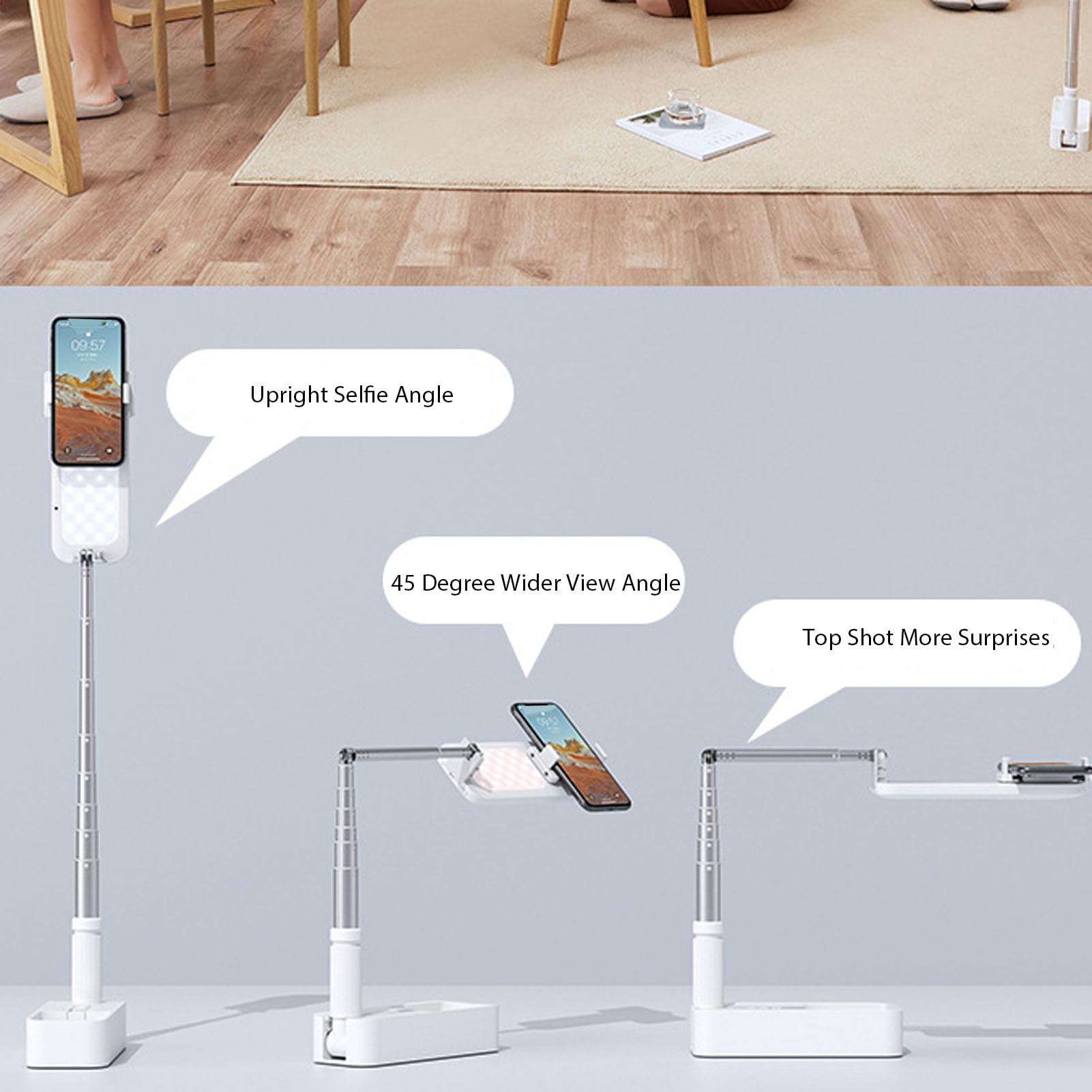Stojak do Selfie, Wysuwany Stojak do Selfie Telefon Komórkowy Statyw do Kijka do Selfie Obrót o 360° Akumulatorowy, Składany Stojak do Selfie z Oświetleniem LED Uchwyt na Telefon