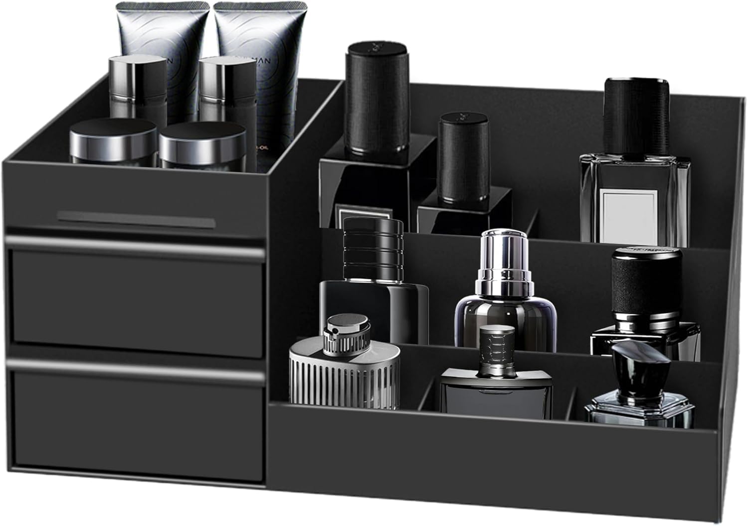 Bingobang Organizer per trucchi da uomo, grande organizer nero per cosmetici con cassetti, supporto per profumi da toeletta, organizer per la cura della pelle, per dopobarba, lozioni da barba, bagno e