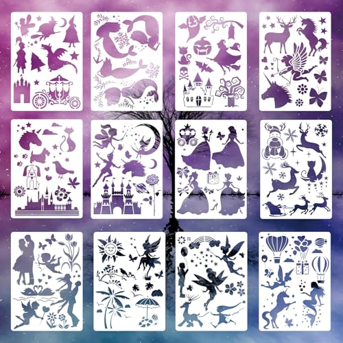 12 peças pintura silhueta stencil modelo de desenho Fast Draw Stencil modelos de arte bricolage modelo de desenho graffiti para adultos e crianças (29 x 21 cm)