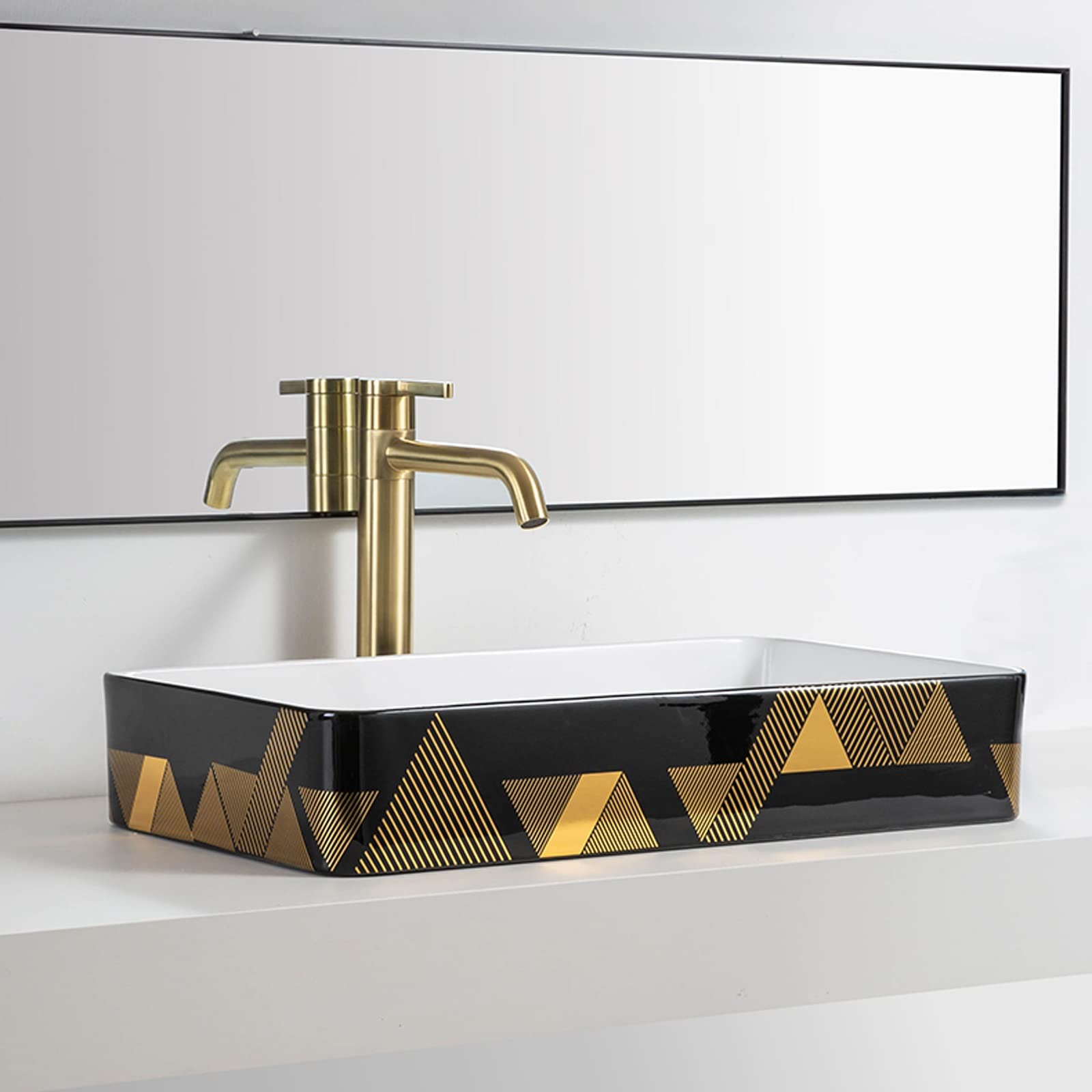 Zlewozmywak nablatowy nablatowy, zlew łazienkowy, ceramiczny zlew porcelanowy prostokątny czarny zlew na naczynia ze złotymi liniami dekorującymi wygląd zewnętrzny, L 60 cm x szer. 33,8 cm x wys. 10,9