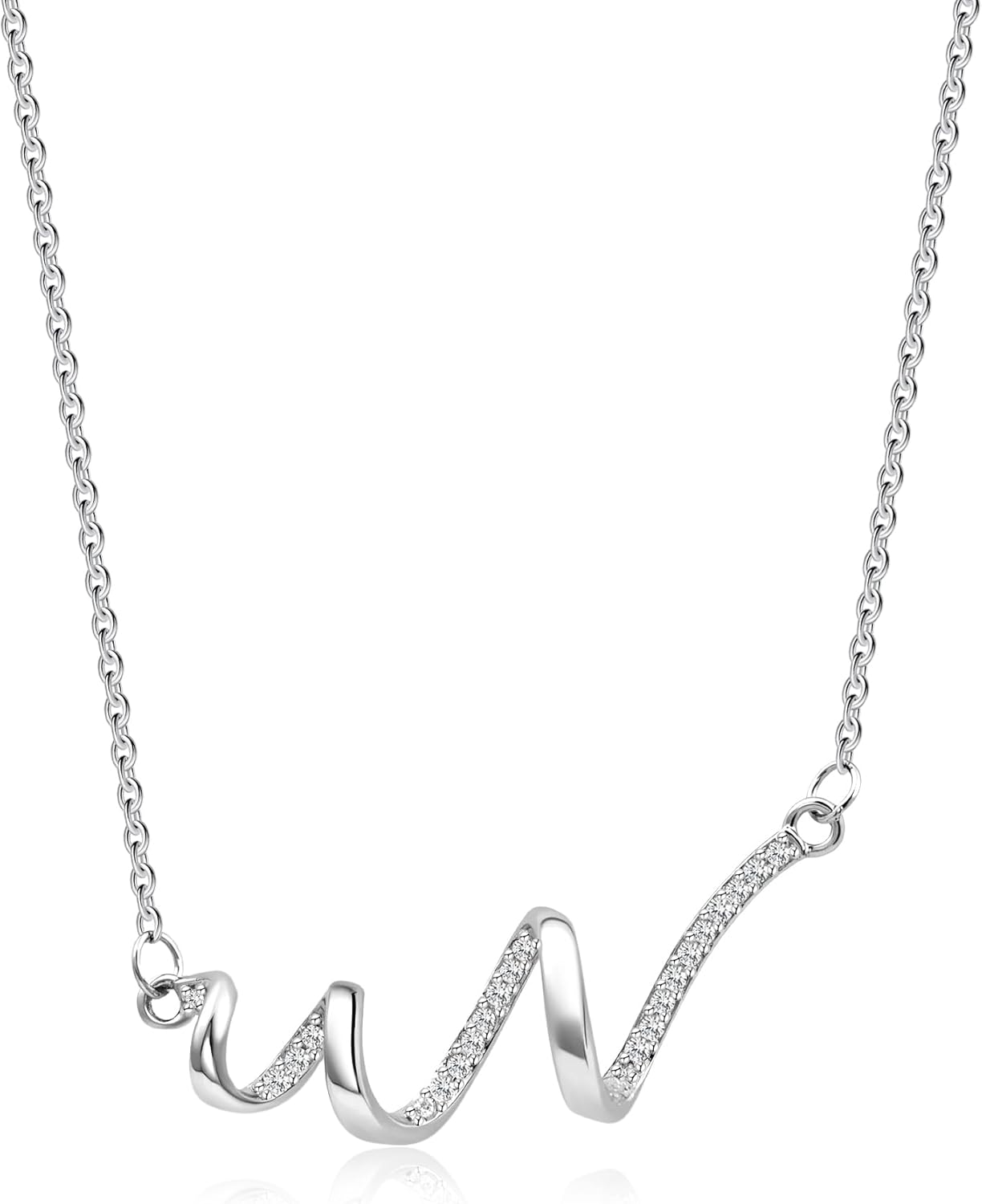 Silver Wave Chain Pendant Cubic Zirconia Simple Minimalist Adjustable CZ Thin Necklace for Women