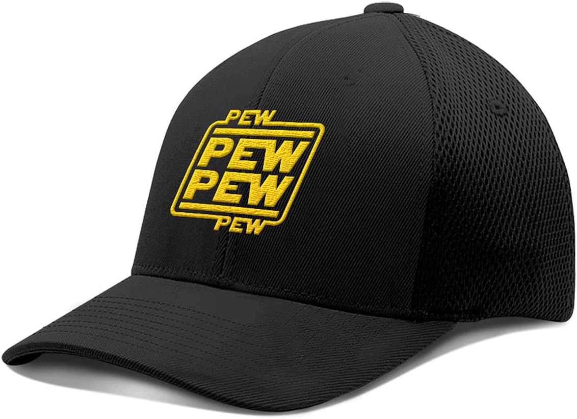 BustedTees Pew Pew Patch - Ultrafibre Airmesh Fitted Hat - Breathable Mesh Side for Casual Wear & Outdoor Activities - Baseball Cap Women & Men (Black, Large-Extra Large, l)