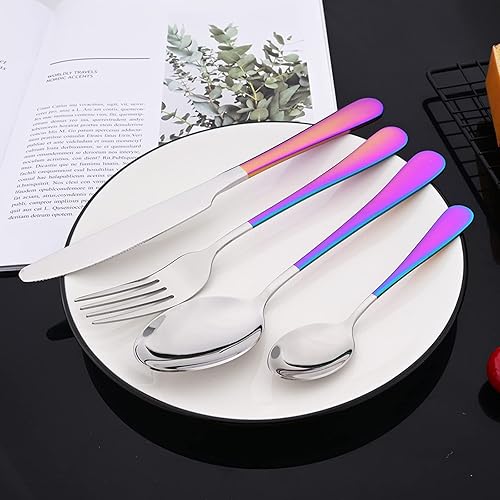 Miniatura 3 de JASHII Juego de cubiertos iridiscentes de acero inoxidable de 32 piezas juego de cubiertos de color arcoíris lindo juego de tenedores de cuchillos