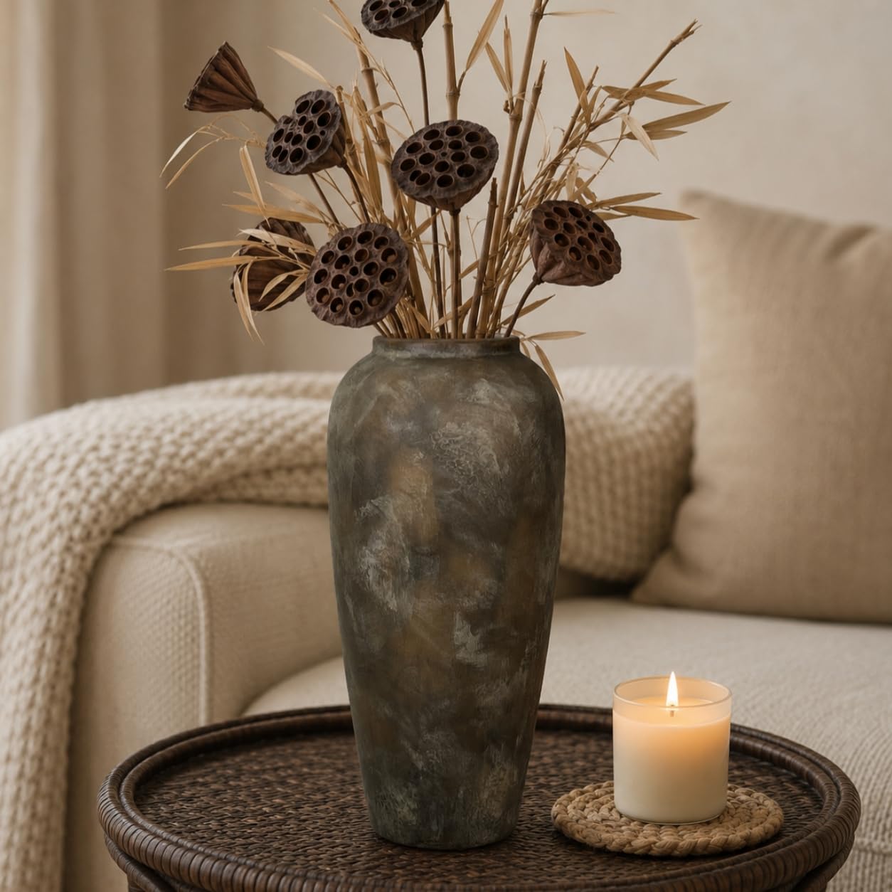 Vaso in ceramica rustica marrone, 38 cm, stile vintage, grande vaso per soggiorno da 15", matrimonio, tavolo da pranzo e regalo