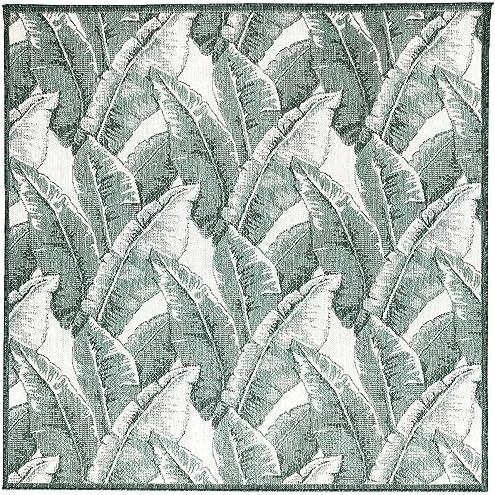 Liora Manne Malibu Low Profile Easy Care Weather Resistant Indoor/Outdoor Rug-Transitional, Decorative, Botanical, Garden, Fronds Green 7'10" Square