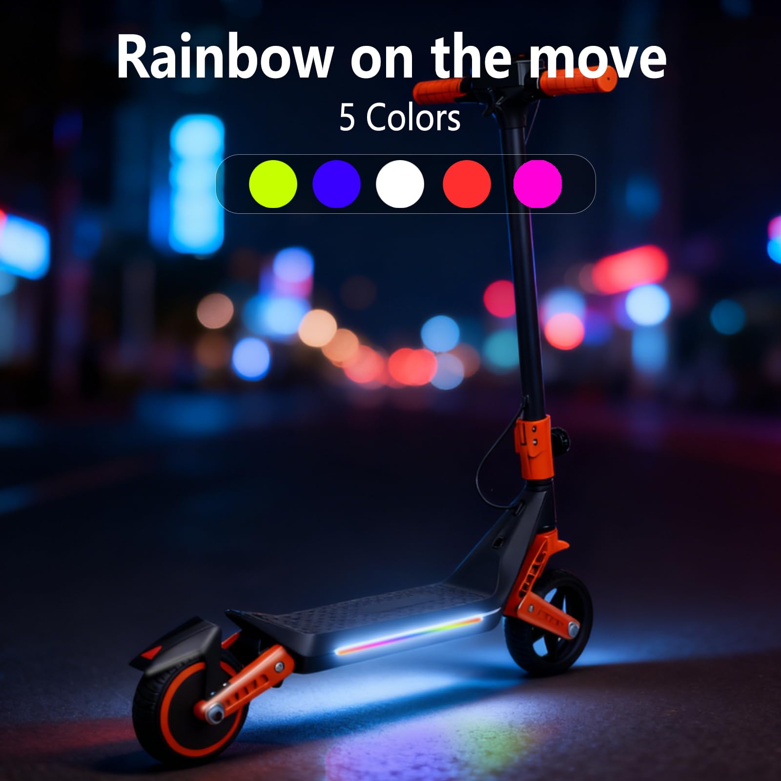 Monopattino elettrico per bambini, doppia sospensione, con luci arcobaleno colorate e indicatore LED, portata di 12 km, regalo per ragazzi e ragazze dai 6 anni in su (arancione)