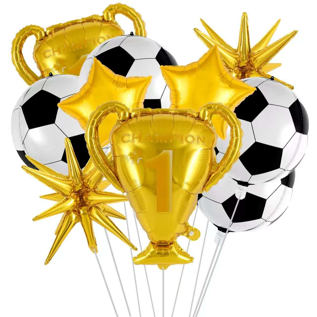 Photo 1 of 10 Pcs Soccer Balloons Set, 4D Sphere Soccer Balloon Champion Trophy Star Burst Balloons for Sports Theme Birthday Party Decorations