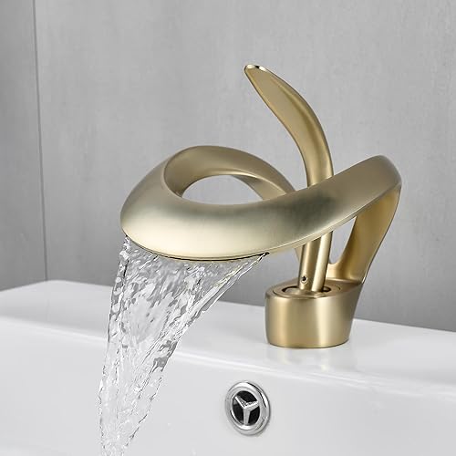 AUU - Elegante grifo de lavabo de baño de un solo agujero, grifo de lavabo de latón sólido, grifo de lavabo de una sola manija con línea de