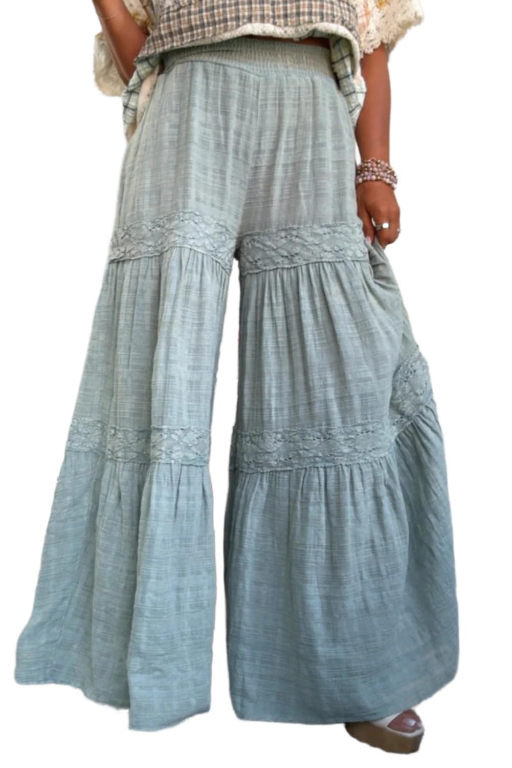 Apvirdy Flowy Pants for Women Lace Patchwork Tiered Ruched Loose Wide Leg Casual Boho Pants