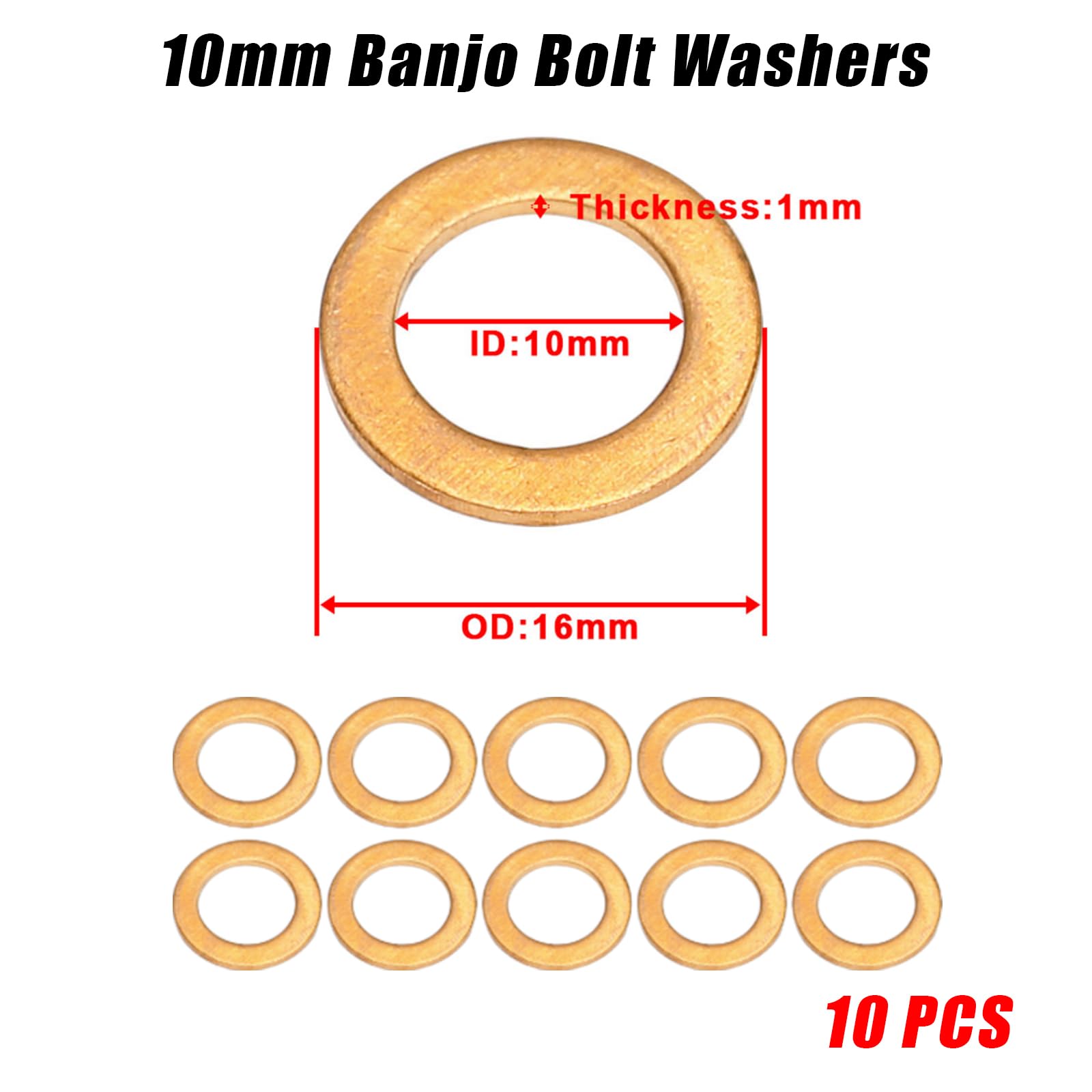 10-Pack Copper Crush Sealing Banjo Bolt Washers - M10 10mm Brake Fastener Gaskets 538414