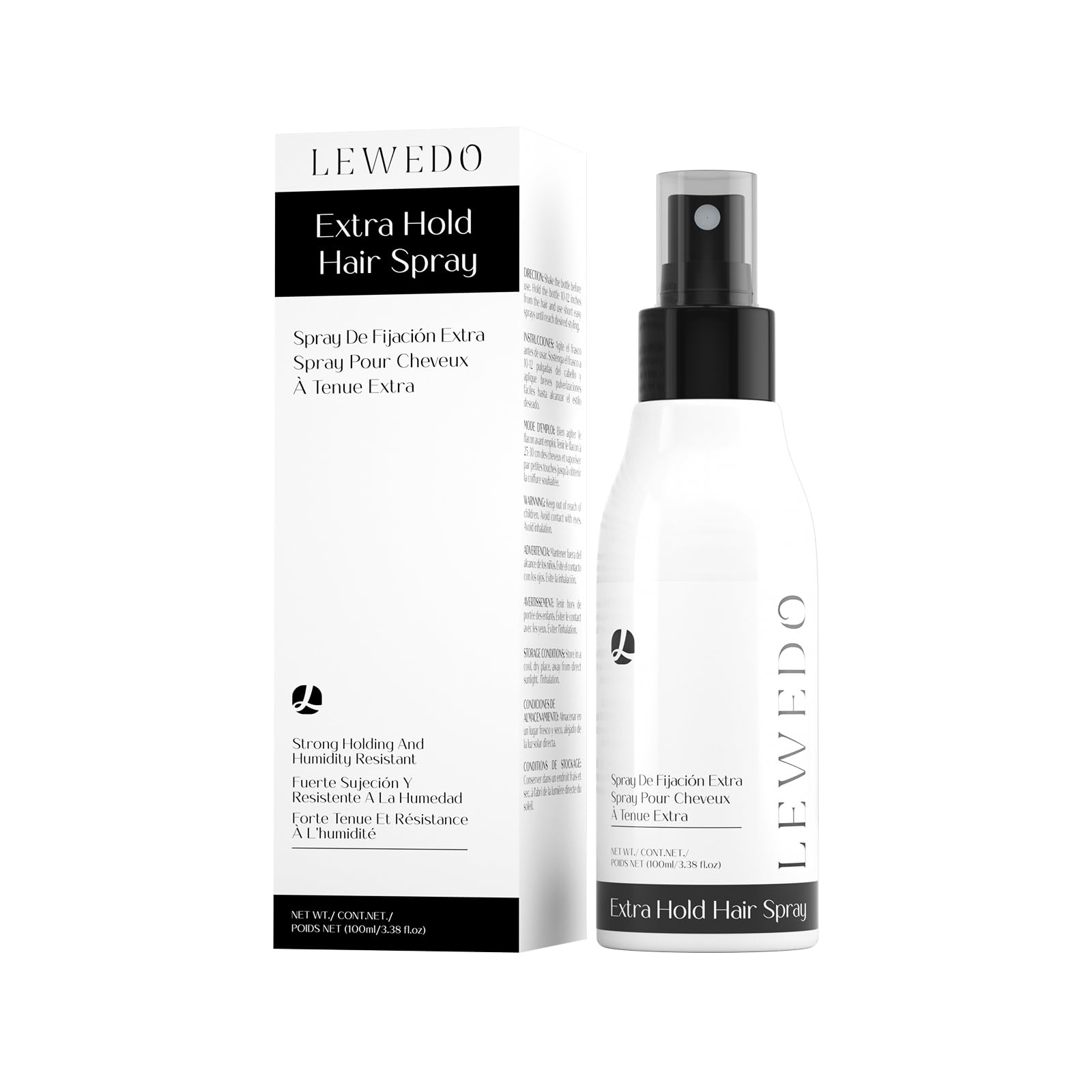 lewedo Extra Hold Hair Spray 100ml - Strong Fixation for All Hair Types, Wind/Sweat/Humidity Resistant, Lightweight Non-Greasy Formula