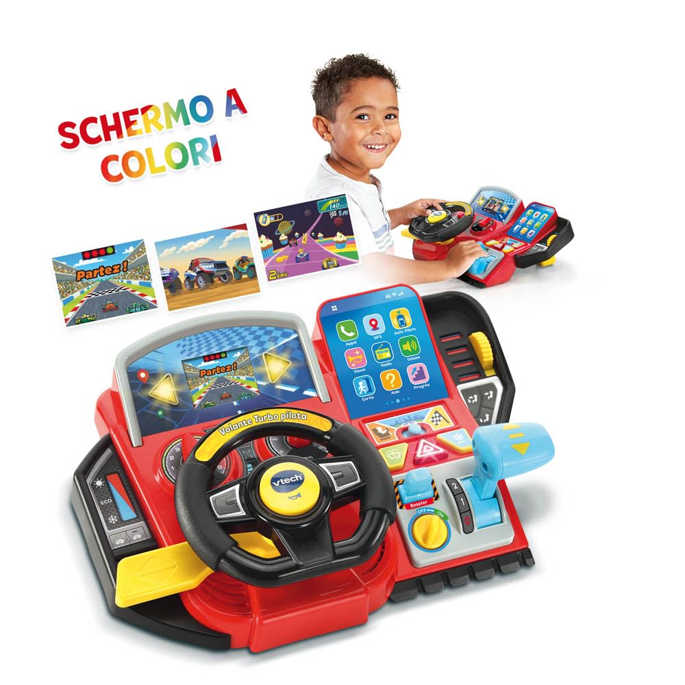 VTech Kierownica Turbo Pilot, kierownica dla dzieci z interaktywną deską rozdzielczą, ponad 20 gier edukacyjnych i 9 obwodów, ekran LCD, klakson i wskaźnik kierunku, język włoski, baterie w zestawie | 20 gier edukacyjnych, 9 obwodów, ekran LCD, klakson, w