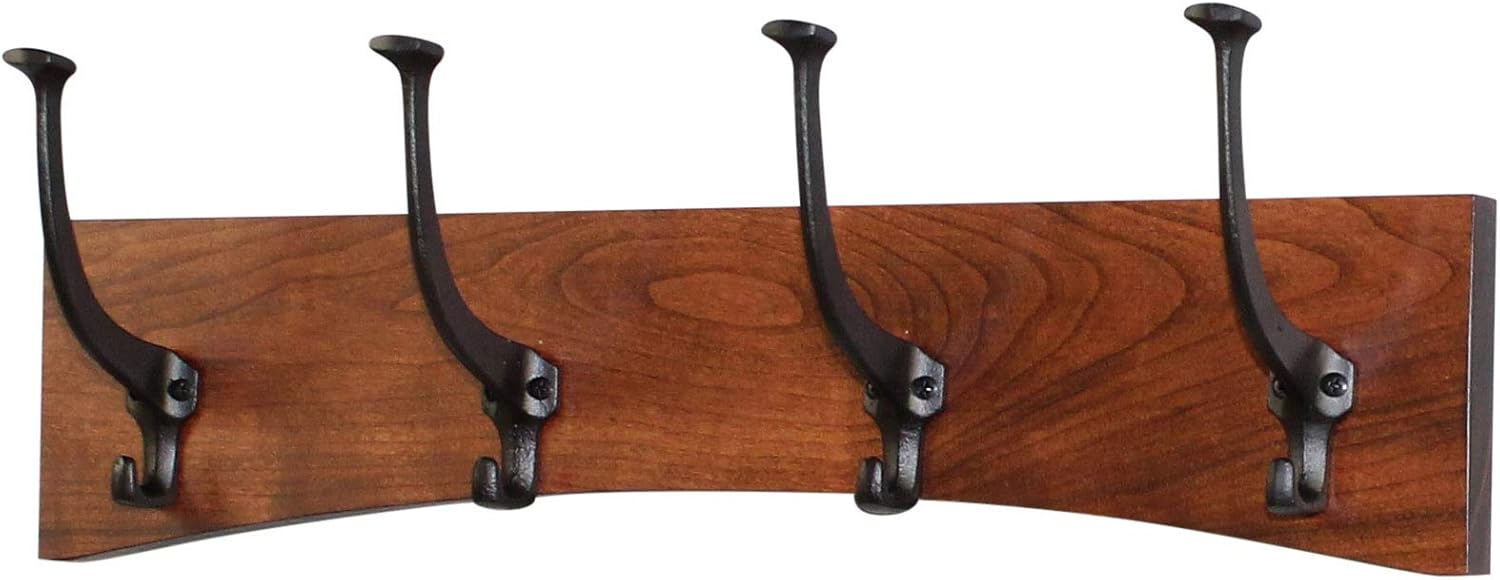 PegandRail Solid Cherry Wall Coat Rack Curved Design Black Mission Hooks Made in The