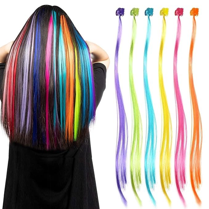 Colorful Kids Hair Extensions with Clips – 6PCS Multicolor Straight Synthetic Hairpieces for Girls – Easy Clip-In Rainbow Wigs, Fun Party Accessories & Dress-Up Toys for Children