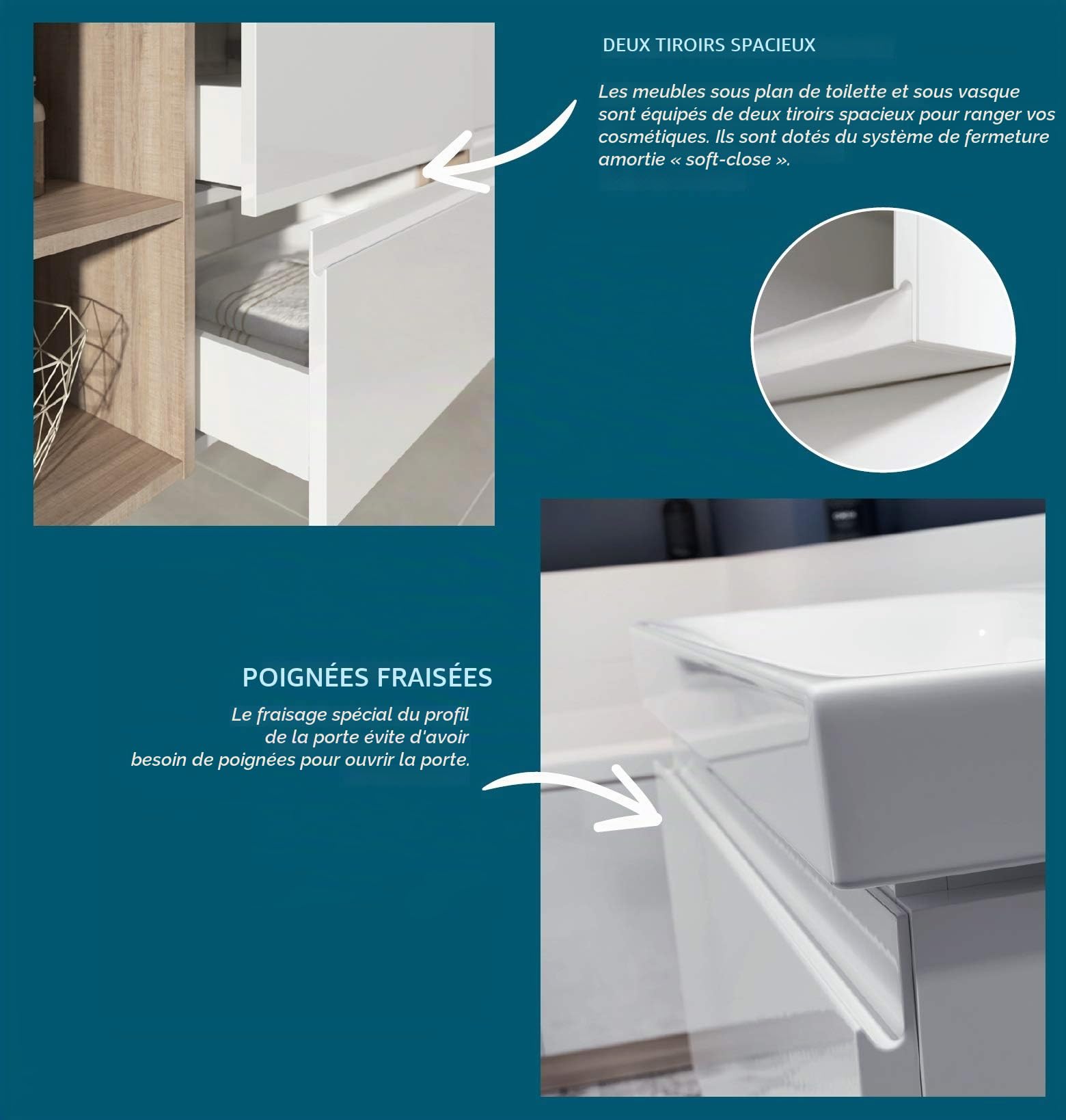 VBChome Meuble de Salle de Bain 50 x 35 cm - Blanc Brillant - Avec Lavabo Fin et 2 Tiroirs - En Bois
