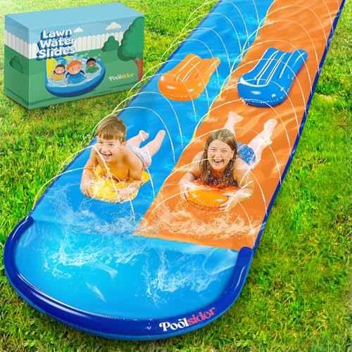 POOLSIDER Premium Double Slip and Slide Water Slide - 22.5 Ft 2-Lanes Blue & Orange Slip N Slide with 2 Bodyboards | Durable & Advanced Design - Heavy Duty Water Slides for Kids Backyard