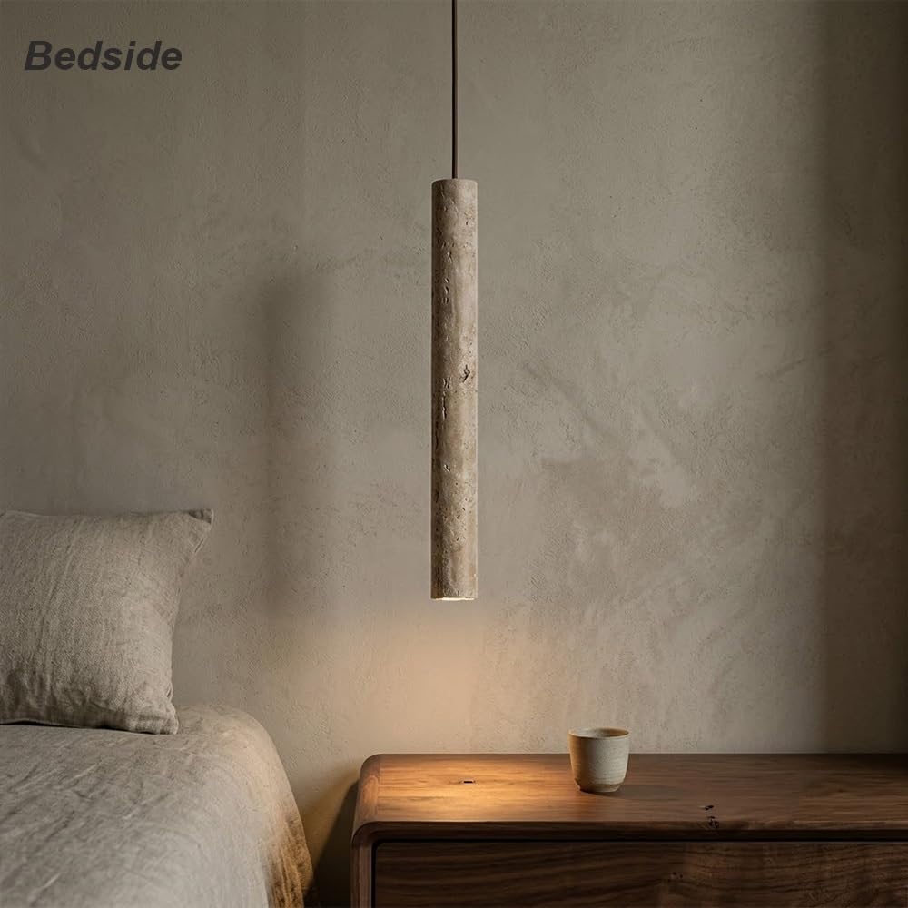 Japanische Gelbe Travertin Pendelleuchte, Lange Cremefarbene Zylinder Stein Hängelampe Kronleuchter Minimalistisch für Nachttisch Wohnzimmer(4000K)