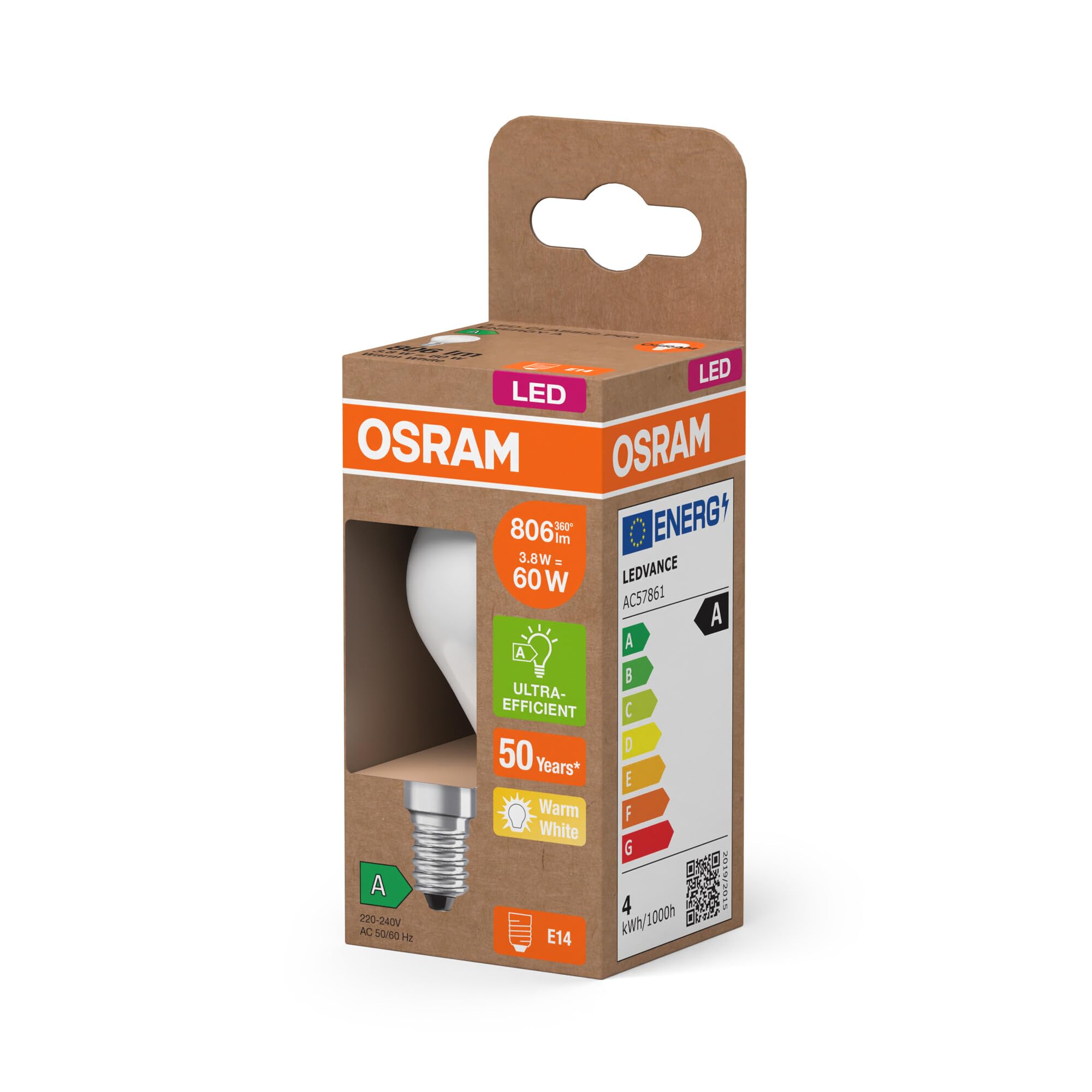 OSRAM Lámpara LED Energy Class en forma clásica de mini bola, 3,8 W / 806
