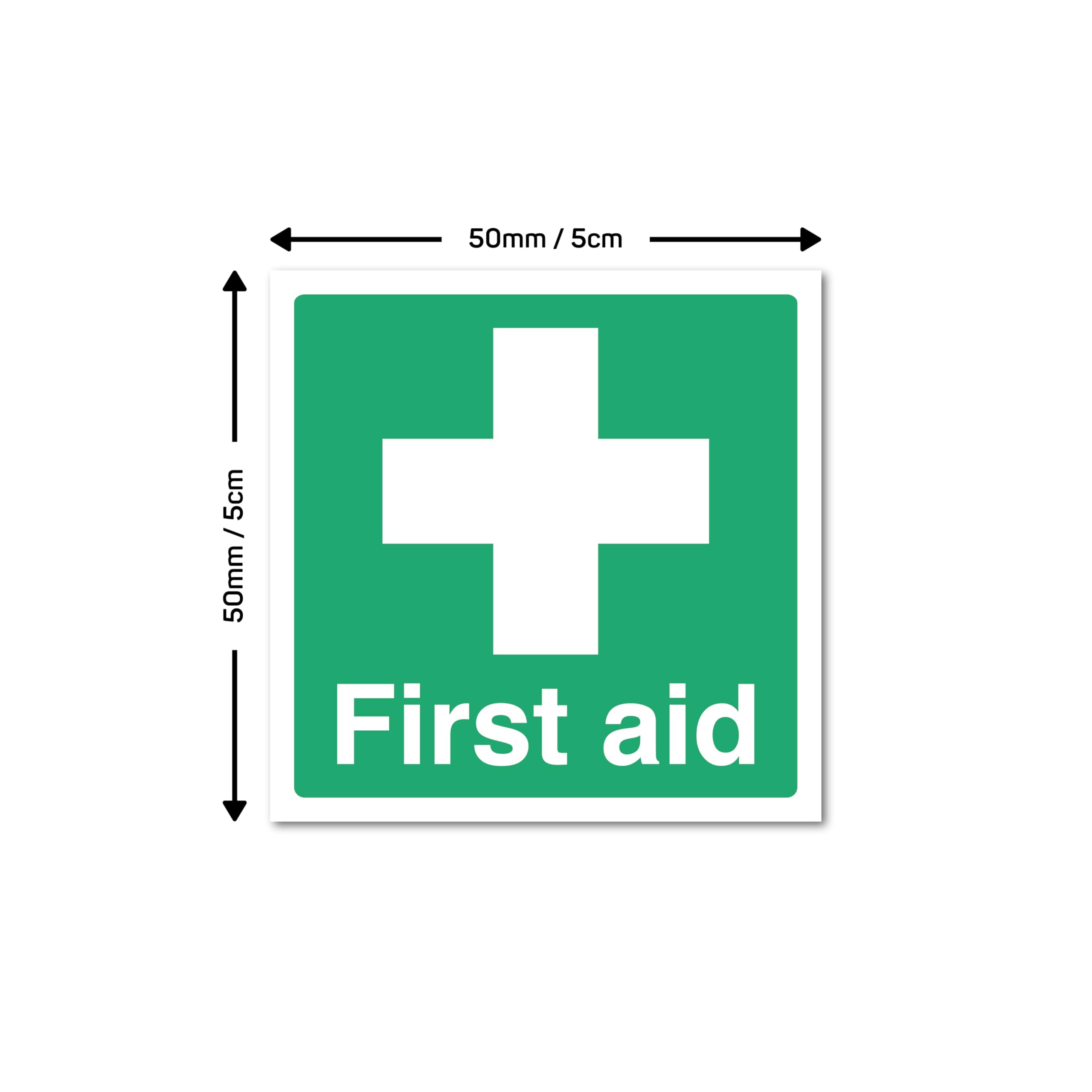 First Aid Signs 12-Pack Small Vinyl Safety Stickers - 50mm x 50mm Waterproof Adhesive Labels for First Aid Points Indoors & Outdoors