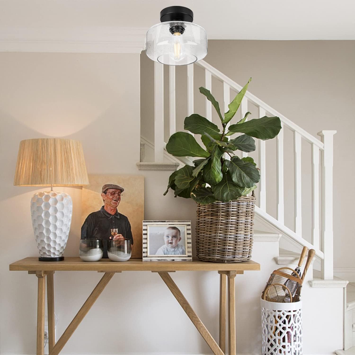 Industrial Semi Flush Mount Ceiling Light, 800 Lumen LED Bulb Included, Seeded Glass Shade Farmhouse Light Fixture for Hallway Corridor Kitchen Bathroom Bedroom Passway - Amazon.com Industrial Semi Flush Mount Ceiling Light, 800 Lumen LED Bulb Included, Seeded Glass Shade Farmhouse Light Fixture for Hallway Corridor Kitchen Bathroom Bedroom Passway - Amazon.com